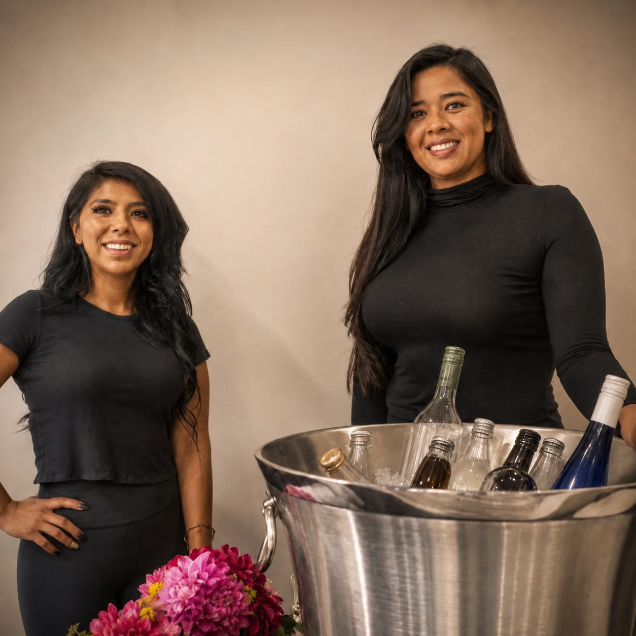 Two On The Rocks Girls bartenders standing beside a chilled champagne tub at an event bar