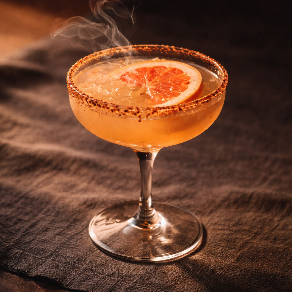Smoked Citrus Mezcal Paloma cocktail with charred citrus garnish
