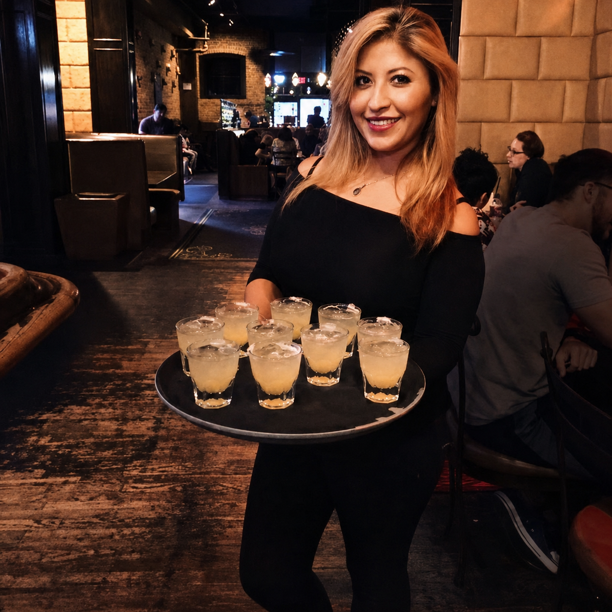 On The Rocks Girls bartender carrying a tray of cocktails through an indoor event venue