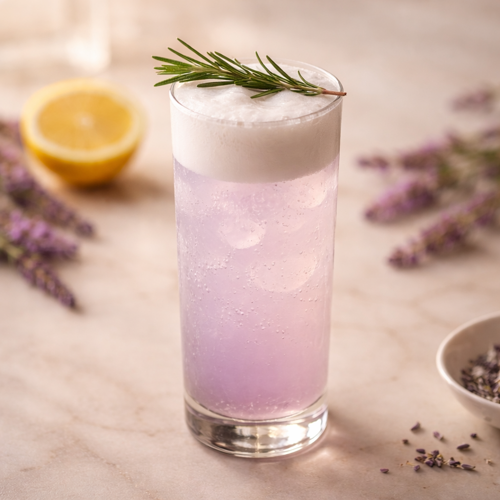 Garden Gin Fizz with silky foam and rosemary garnish