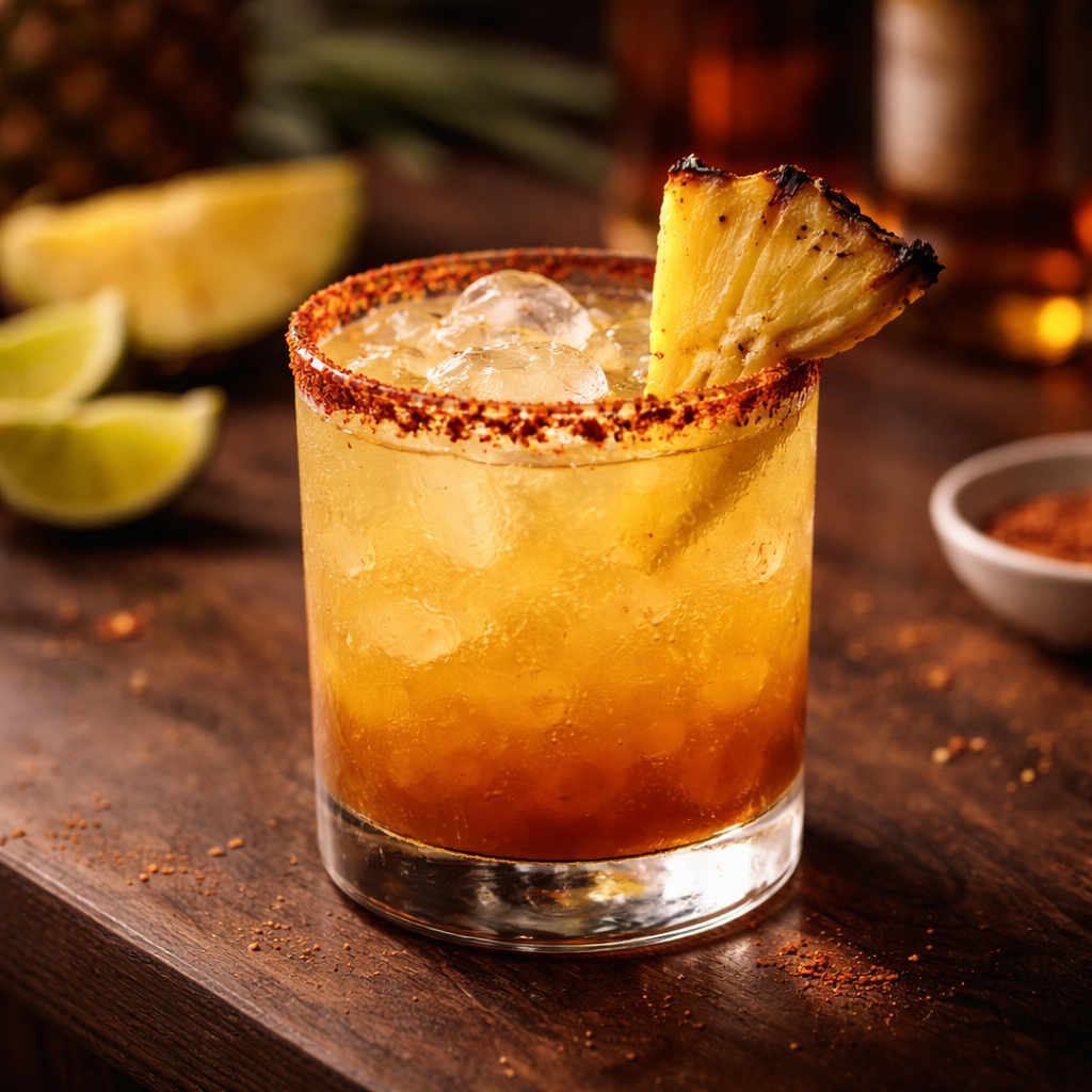 Spicy-Sweet Tropical Margarita with tajín rim and pineapple garnish