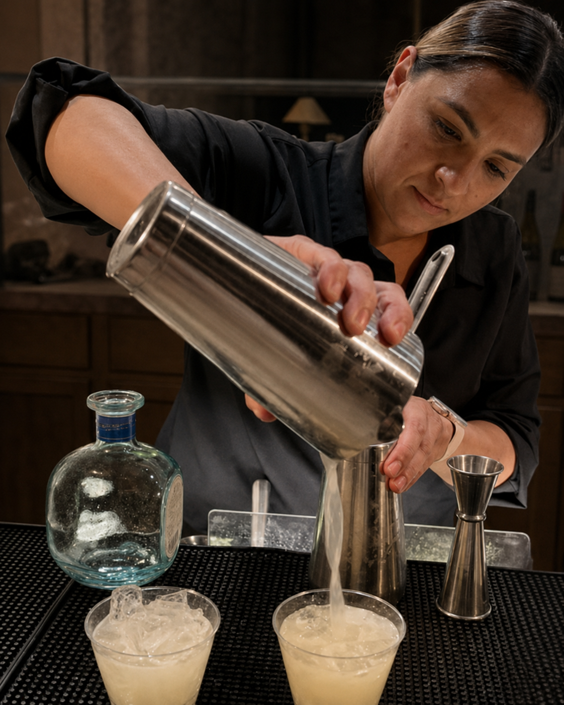 On The Rocks Girls bartender straining a freshly shaken cocktail into glasses at a private event bar