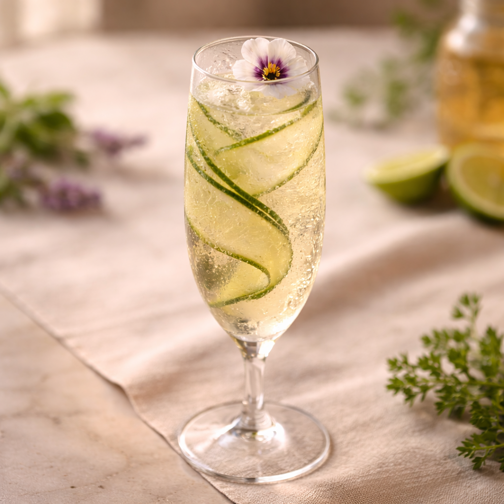 Cucumber Elderflower Spritz with edible flowers in a stemmed glass