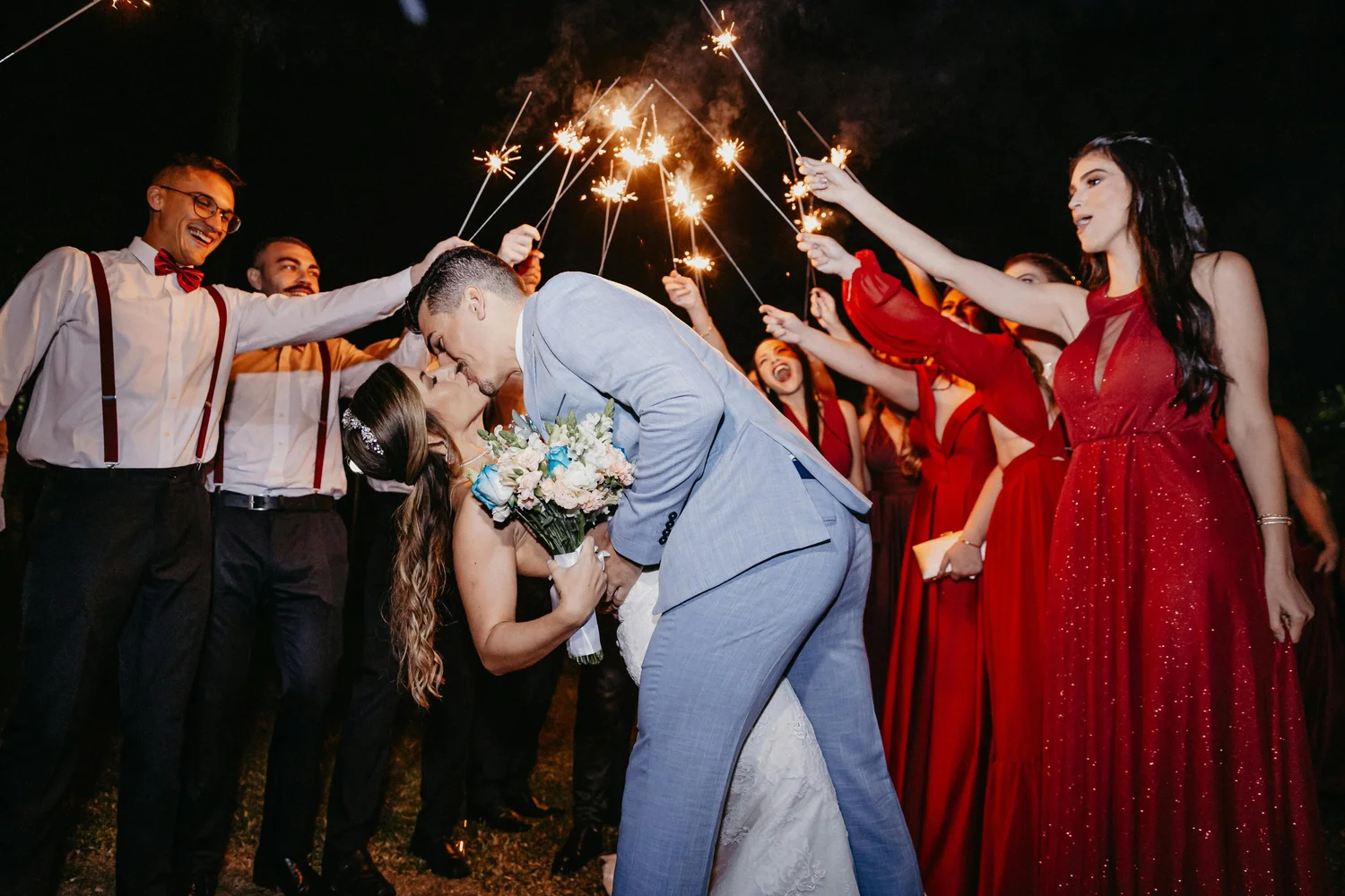 Wedding sparkler exit celebration at night