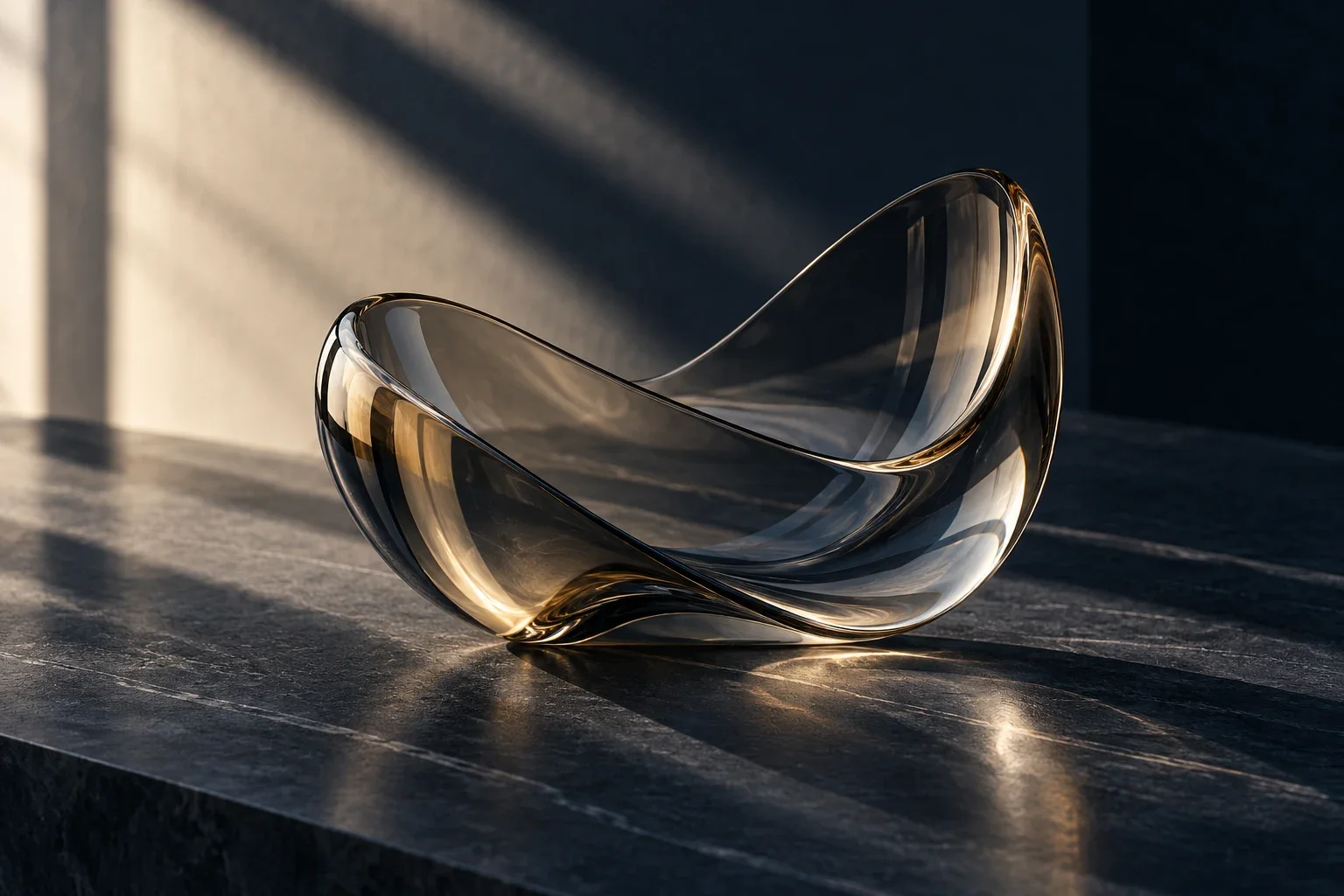 Curved smoked glass in architectural light, with a restrained gold reflection
