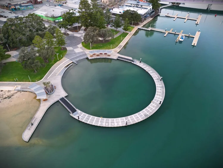 Aerial of the Mandurah foreshore and its circular jetty