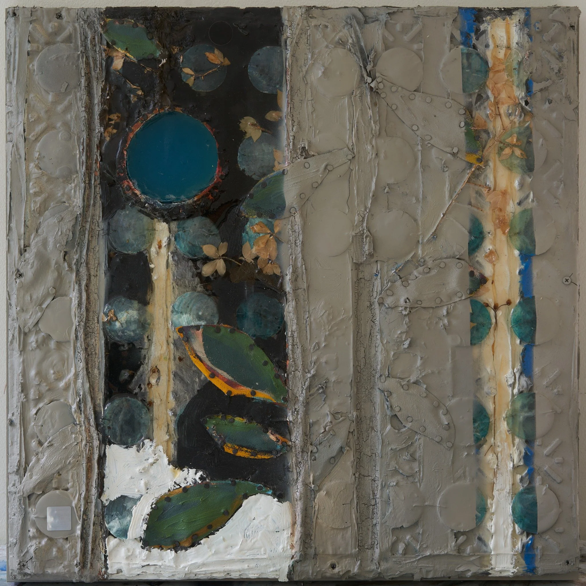 Insect Hotels by Erin McGee Ferrell. Turquoise circles beside textured gray and marbled paper.