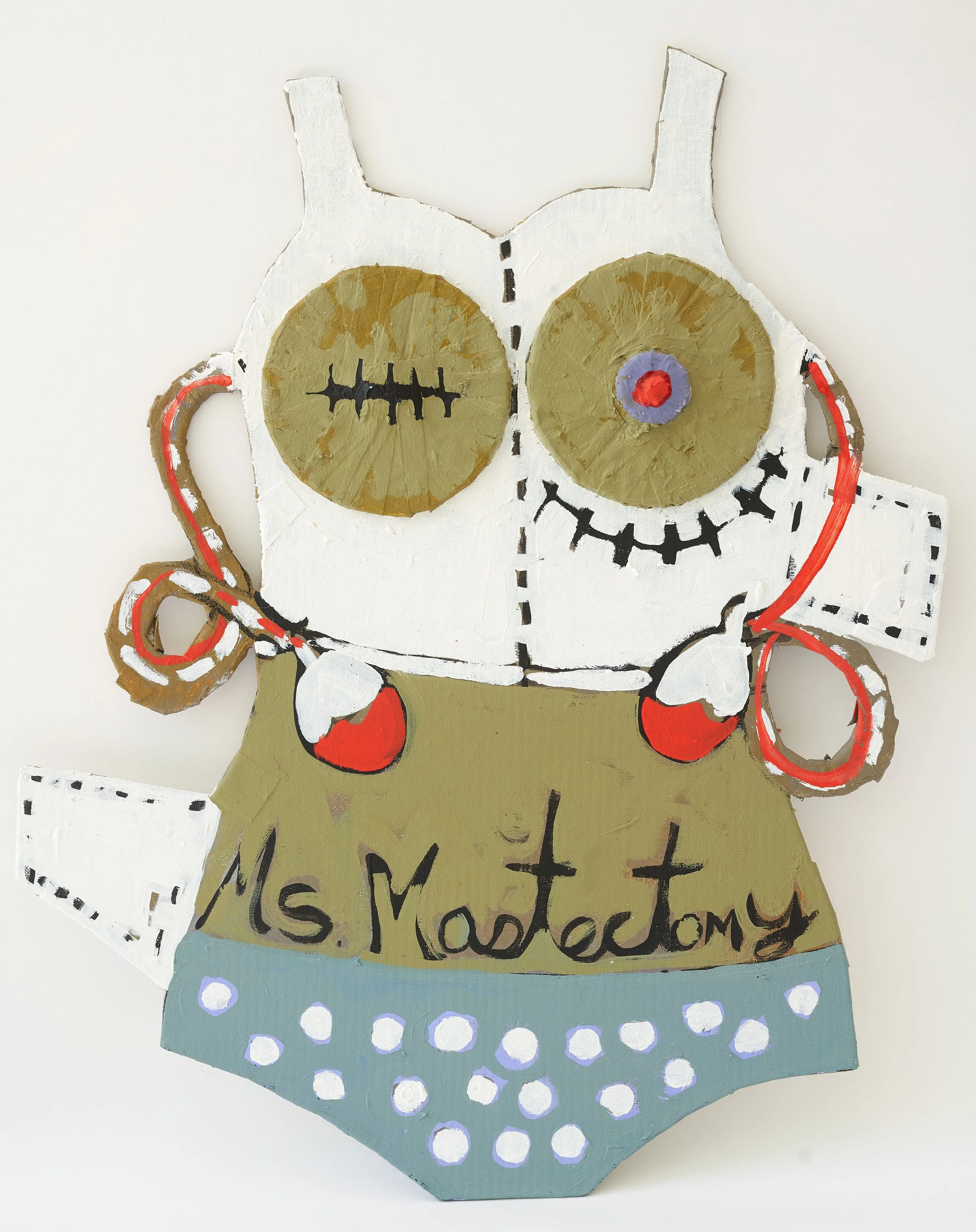 Ms. Mastectomy painted cutout with a white post-surgery garment, scars, red drains, and a blue patterned lower section.