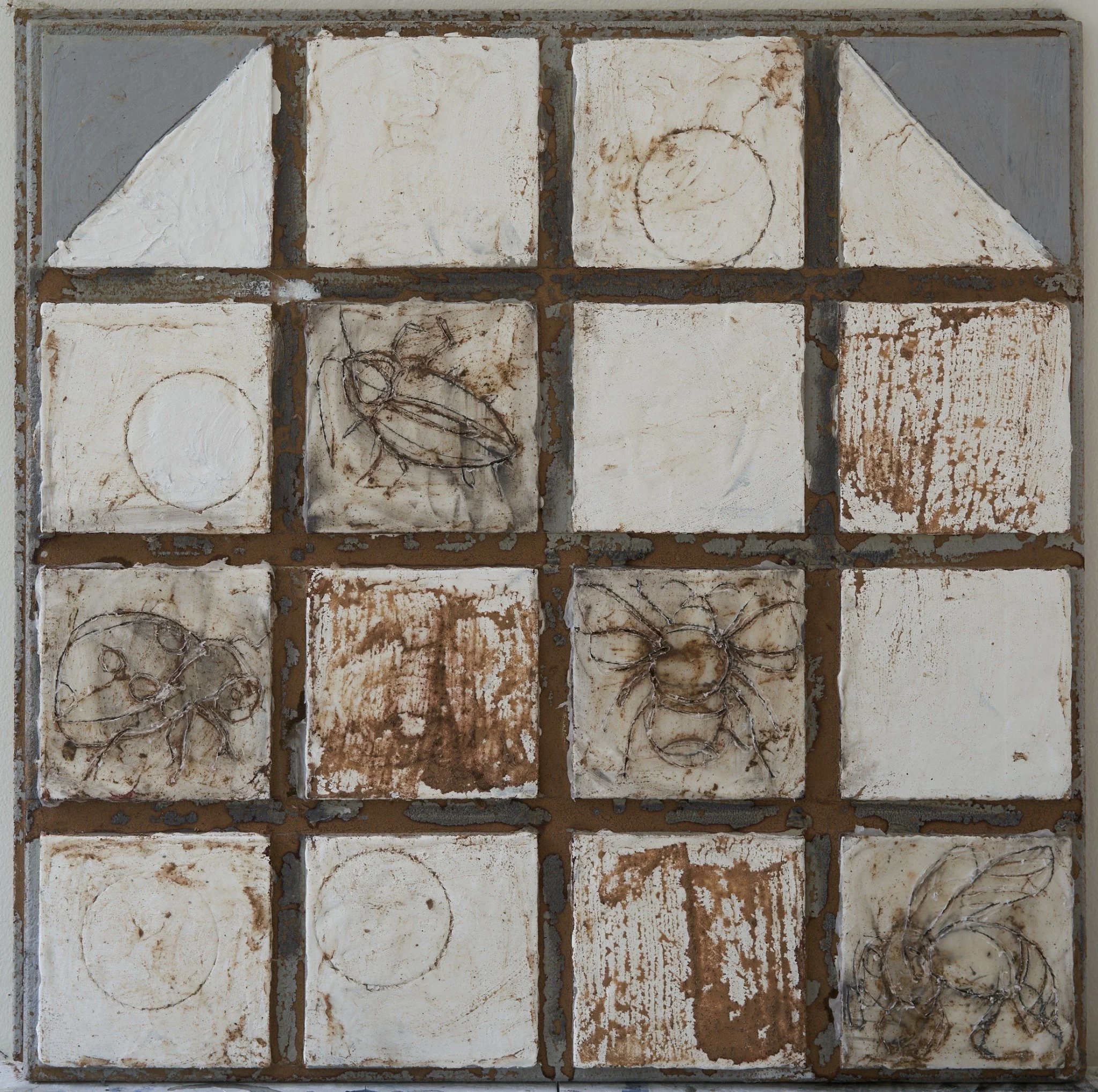 Insect Hotels by Erin McGee Ferrell. A house-shaped grid of cream panels and fine brown lines.