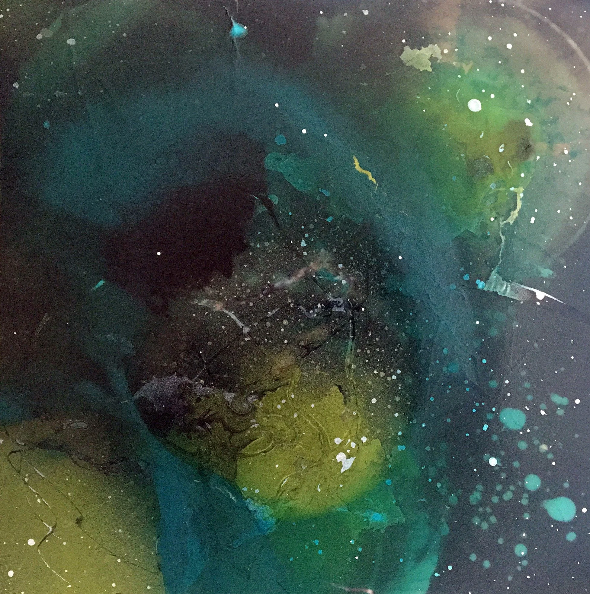 Bioluminescence-inspired painting with deep blue-green fields, pale speckles, and softly glowing circular forms.