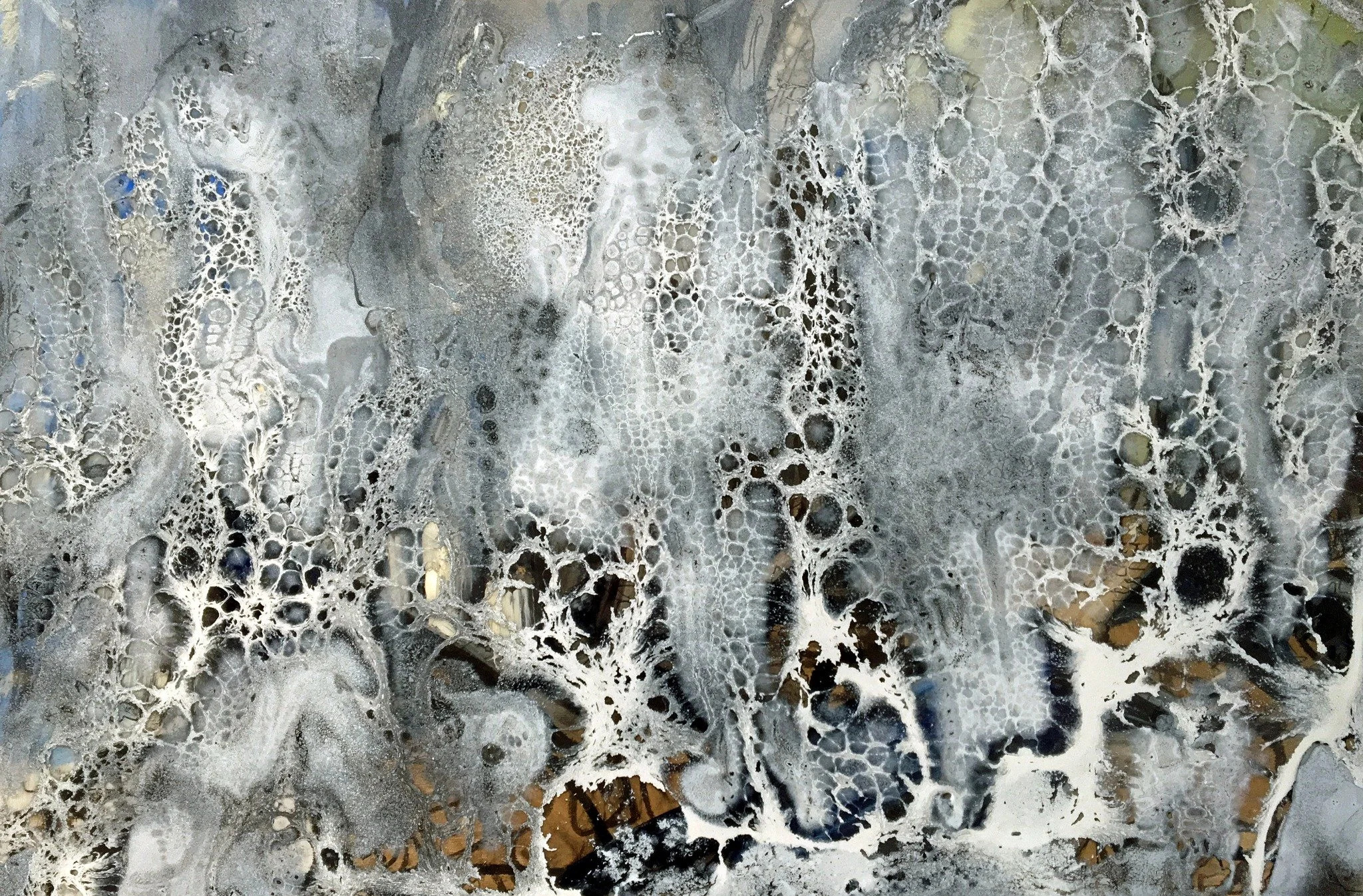 Frozen by Erin McGee Ferrell: gray, white, and dark cellular webs across a mixed-media painting on wood.