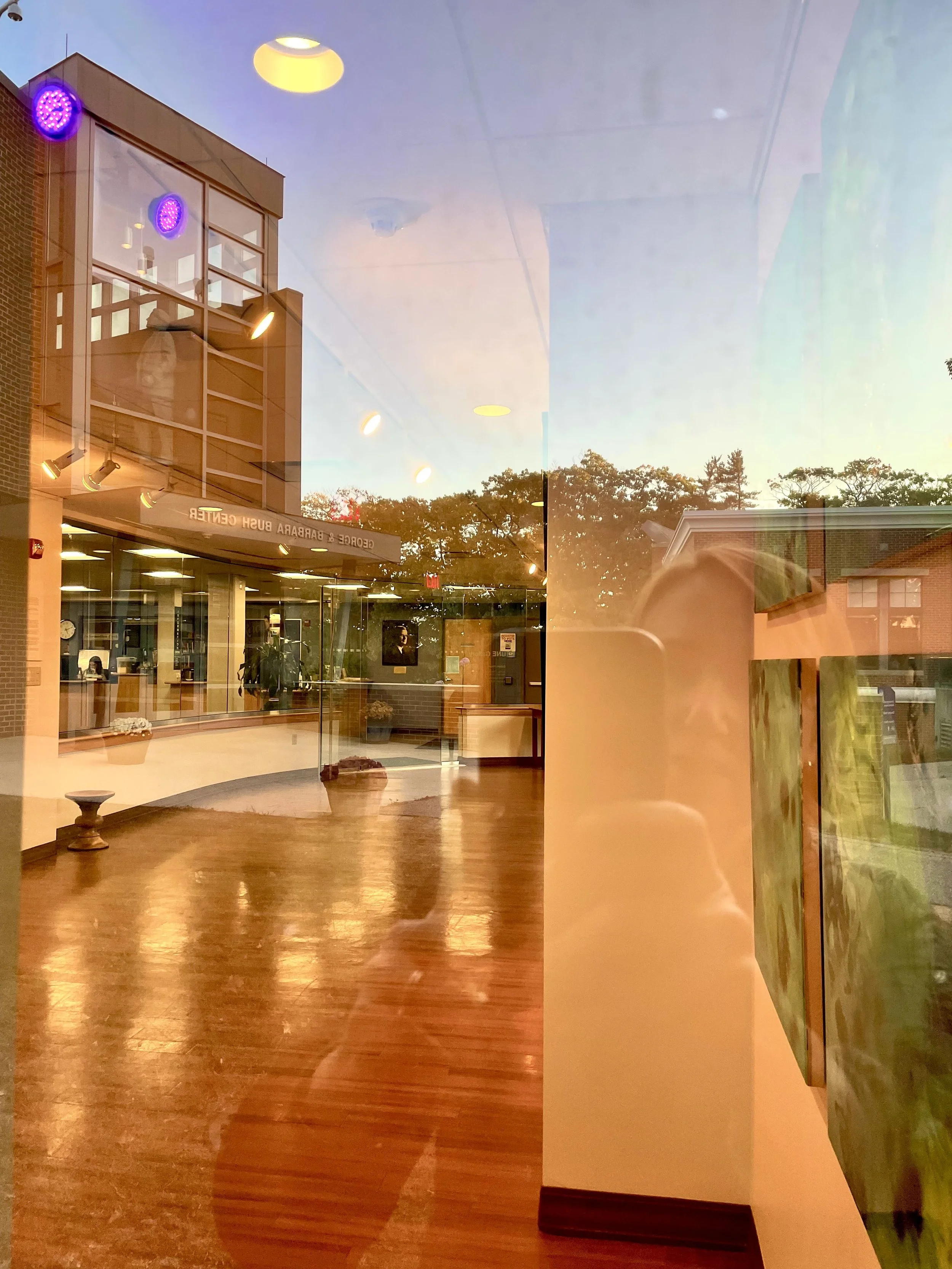 View through the UNE gallery window with paintings and purple black-light fixtures visible inside.