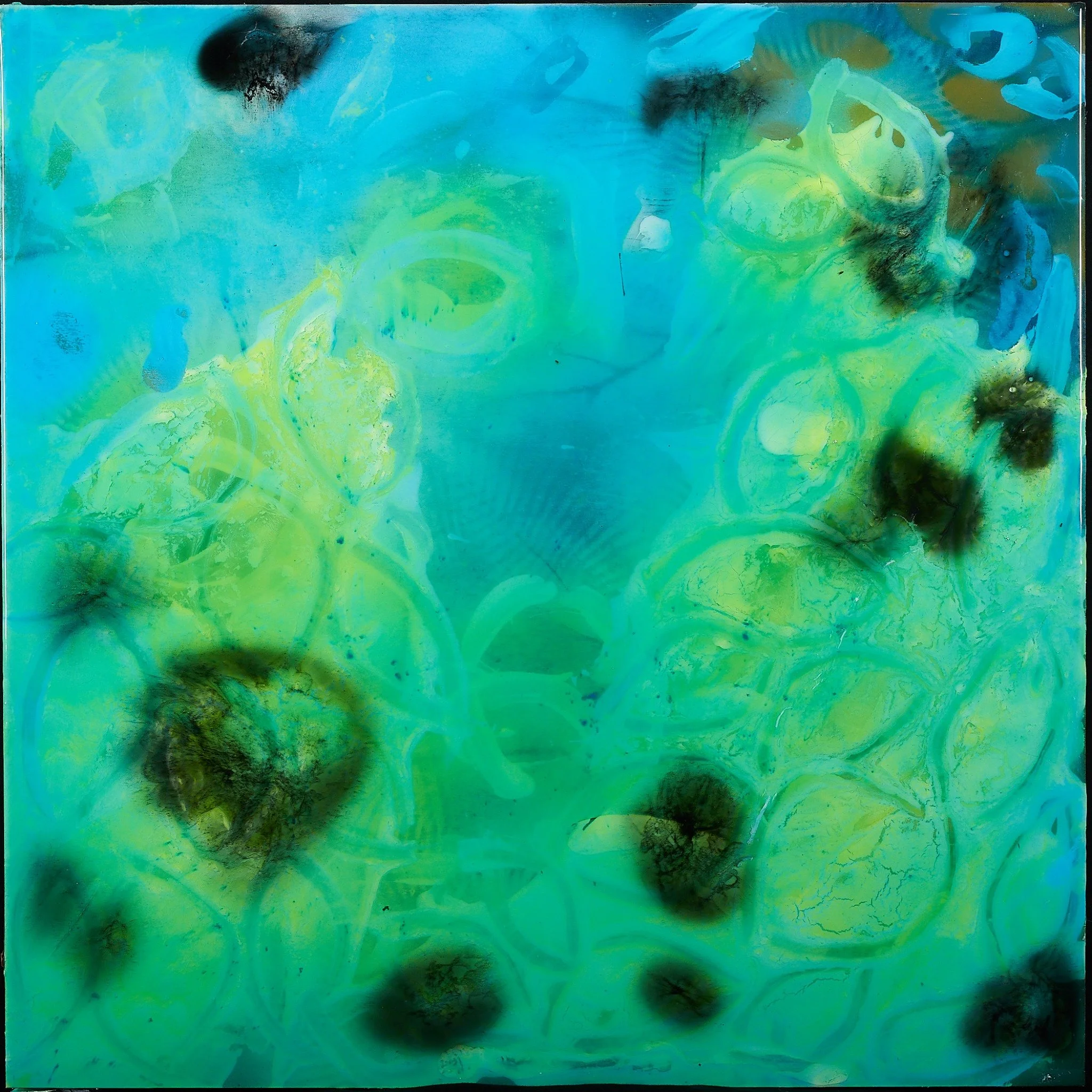 Bioluminescence-inspired painting with deep turquoise, luminous yellow-green cellular forms, and dark rounded marks.