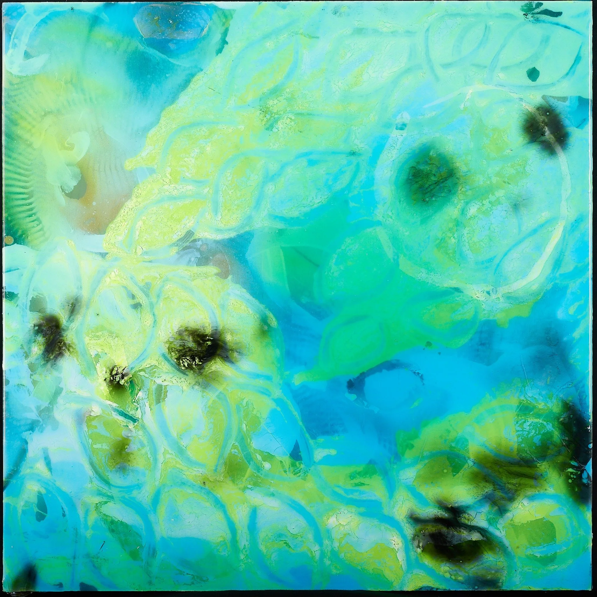 Bioluminescence-inspired painting with luminous turquoise and yellow-green cellular forms and dark rounded centers.