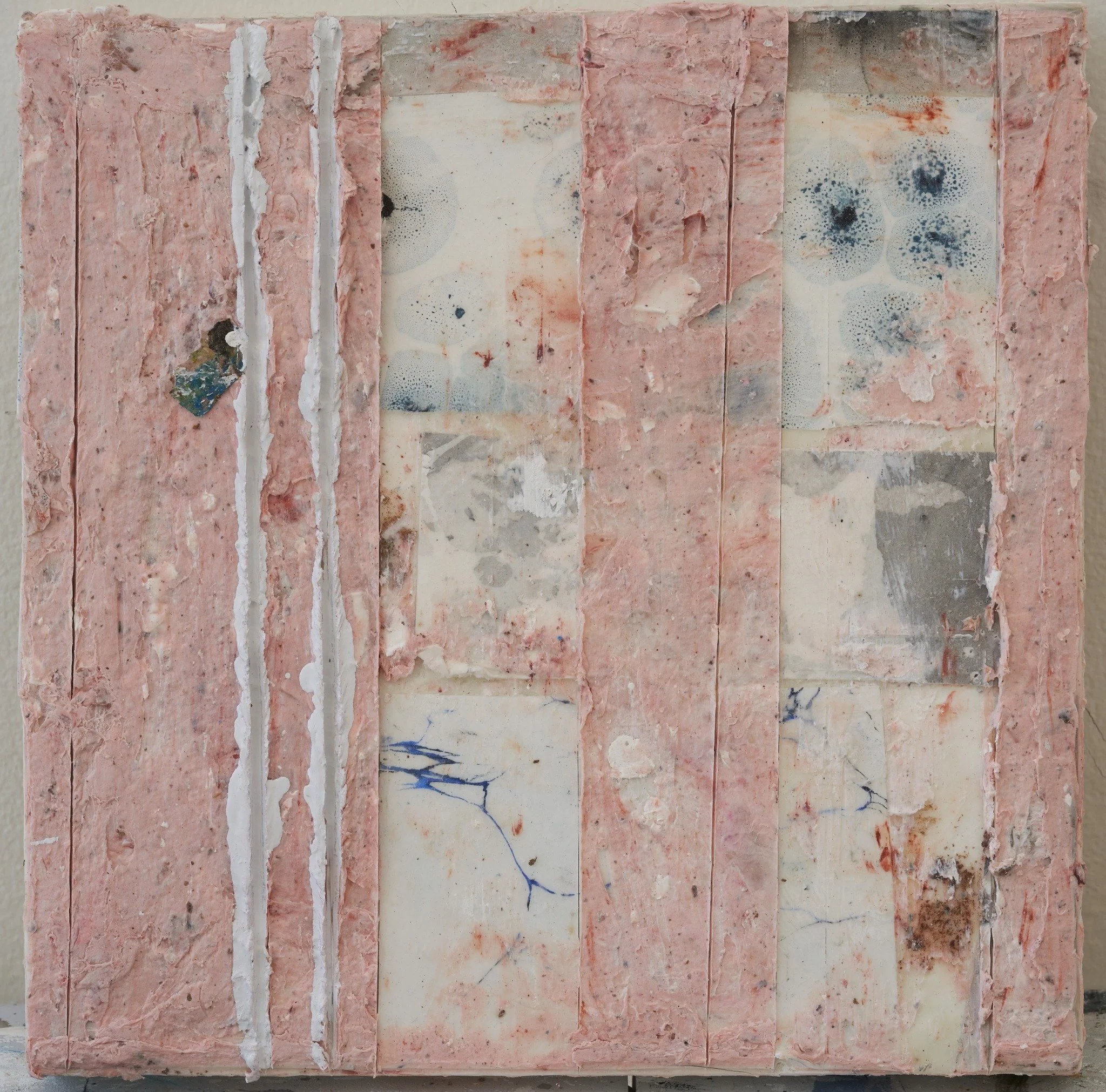 Insect Hotels by Erin McGee Ferrell. Pink and pale rectangular fields with fine blue and black marks.