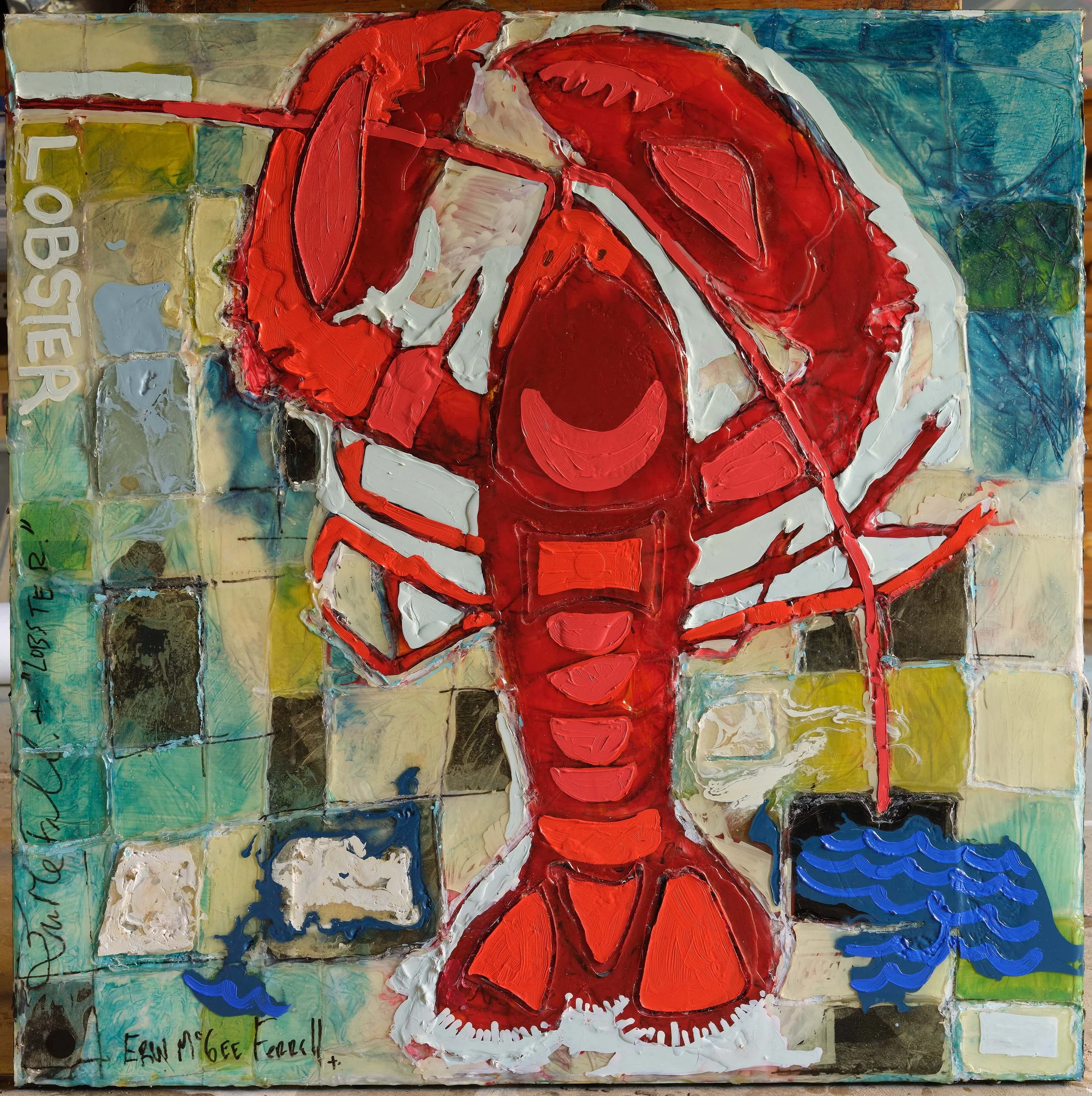 Red lobster, checkered ground, from the Lobsters series by Erin McGee Ferrell
