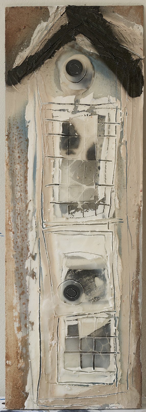 Insect Hotels by Erin McGee Ferrell. A narrow pale house form outlined in dark paint.
