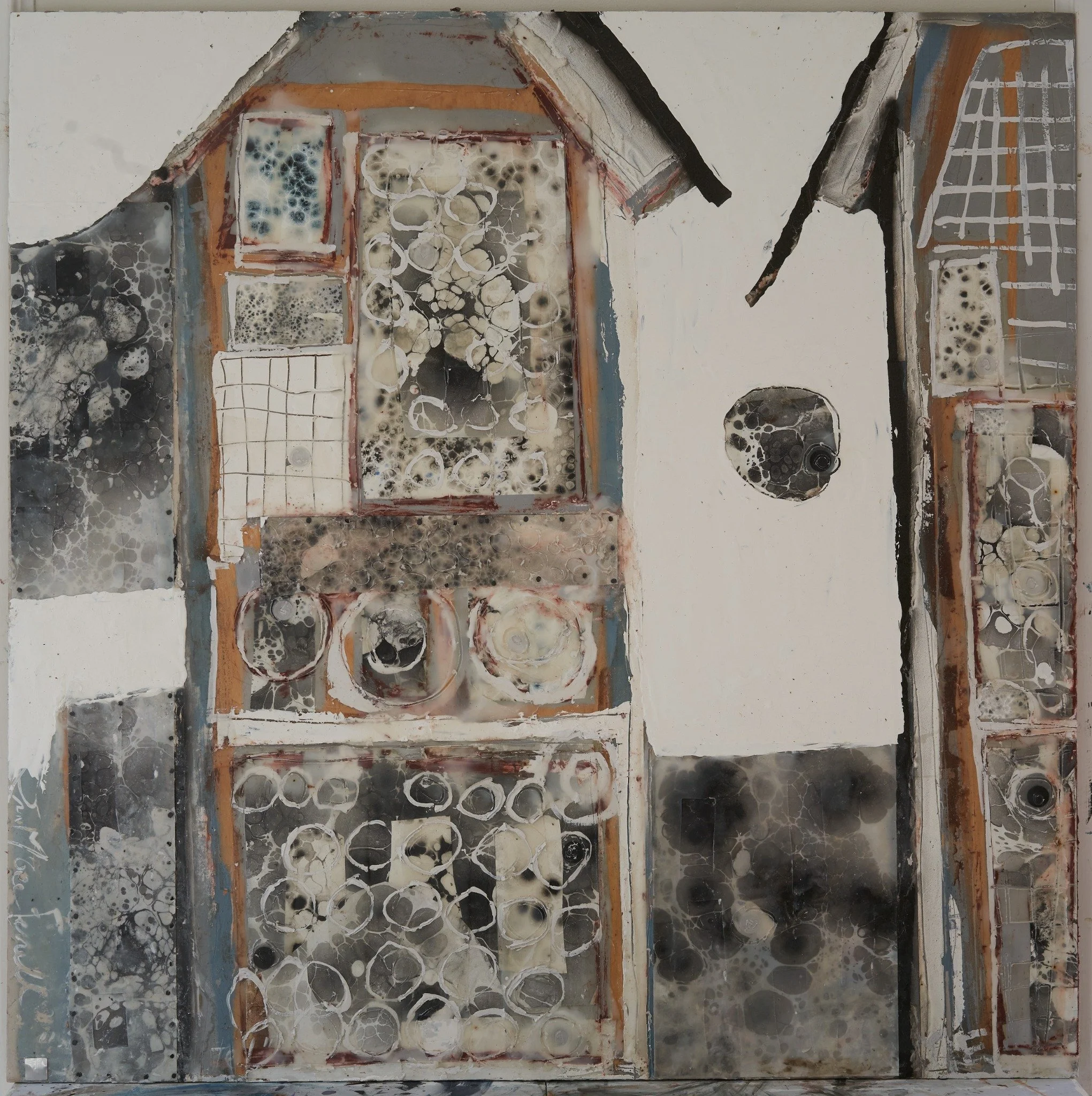Insect Hotels by Erin McGee Ferrell. House-shaped compartments with marbled paper and circular marks.