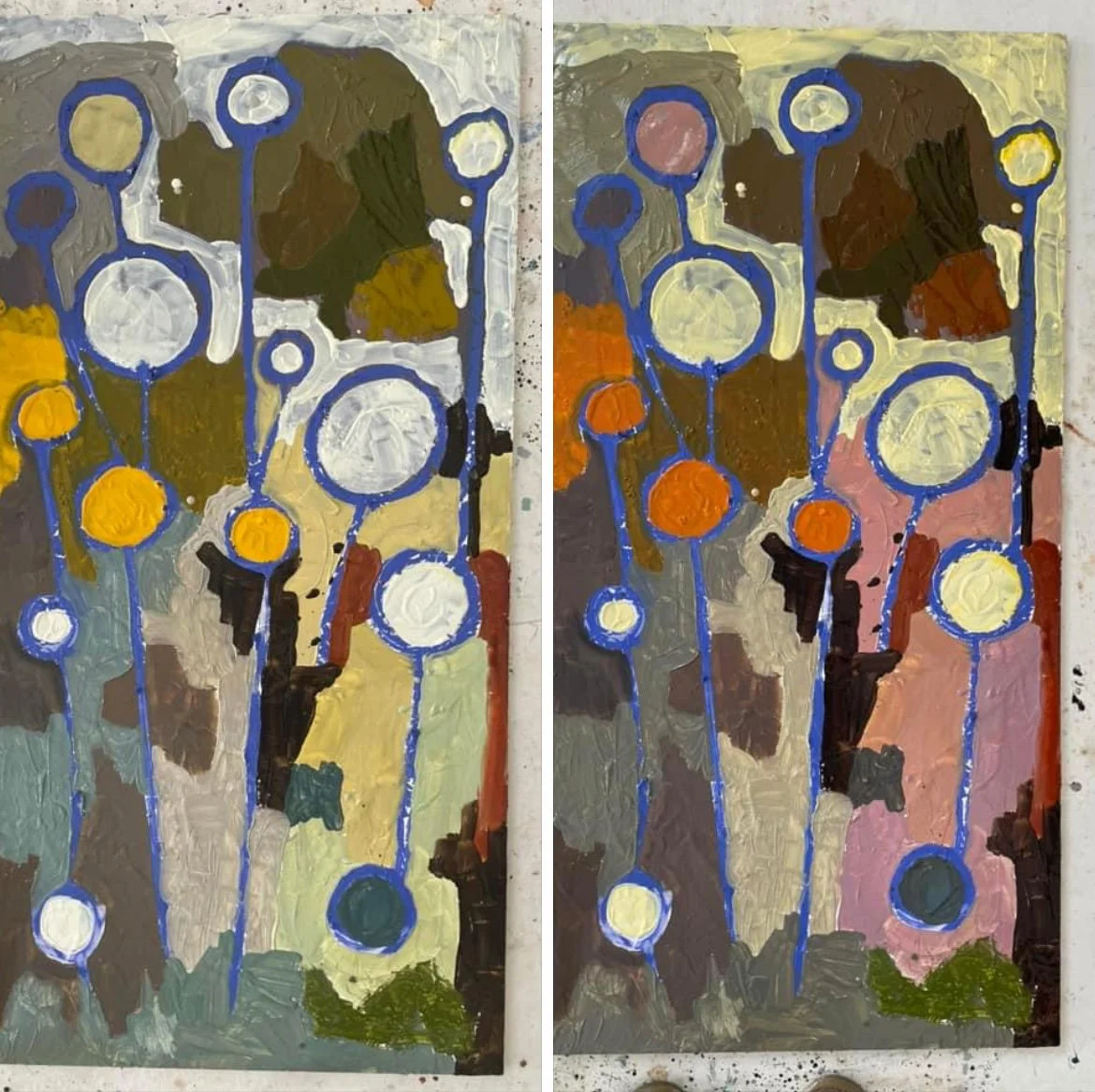 Two views of the same thermochromic painting: the original on the left and the painting after heating on the right, with yellow areas shifting toward orange and pale areas toward pink.