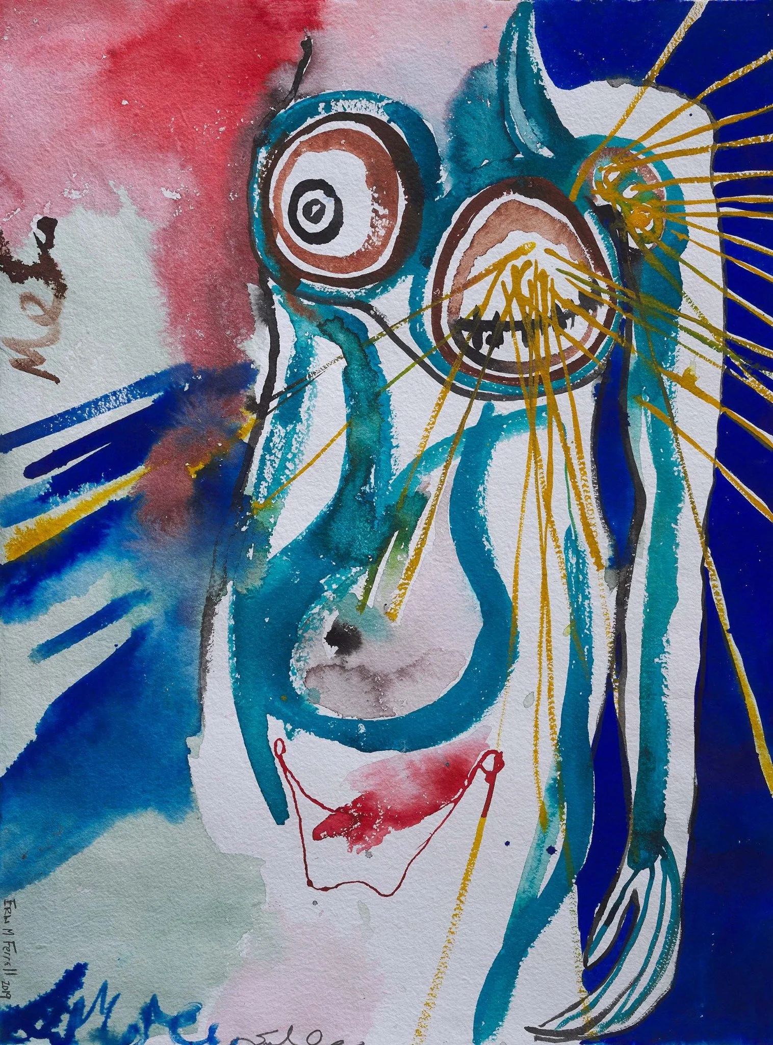 Radiation, 2019: painted torso with radiating gold lines and washes of blue, pink, and green.