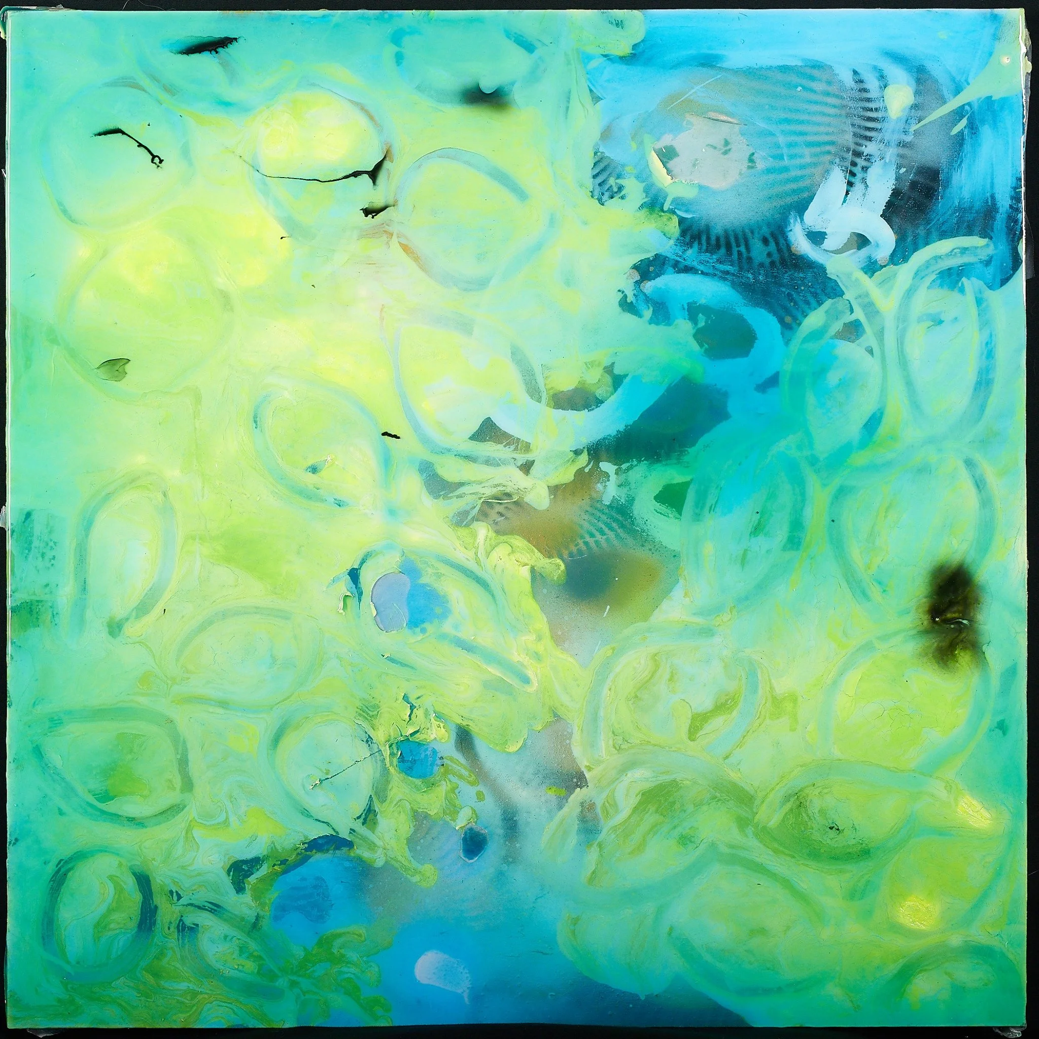 Bioluminescence-inspired painting with pale yellow-green swirling forms across a blue-green field.