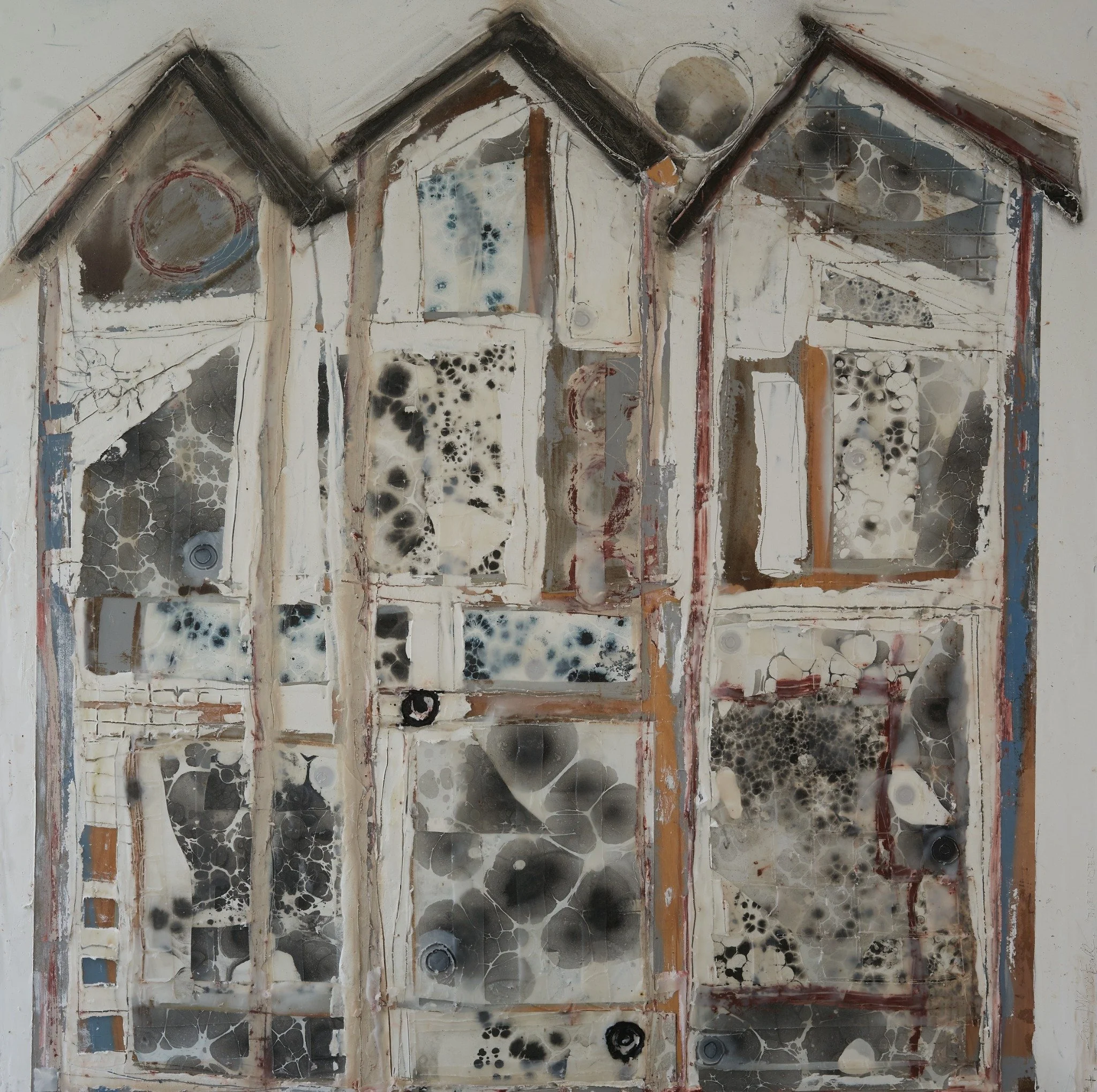 Insect Hotels by Erin McGee Ferrell. Three tall house forms with pale washes and marbled paper.