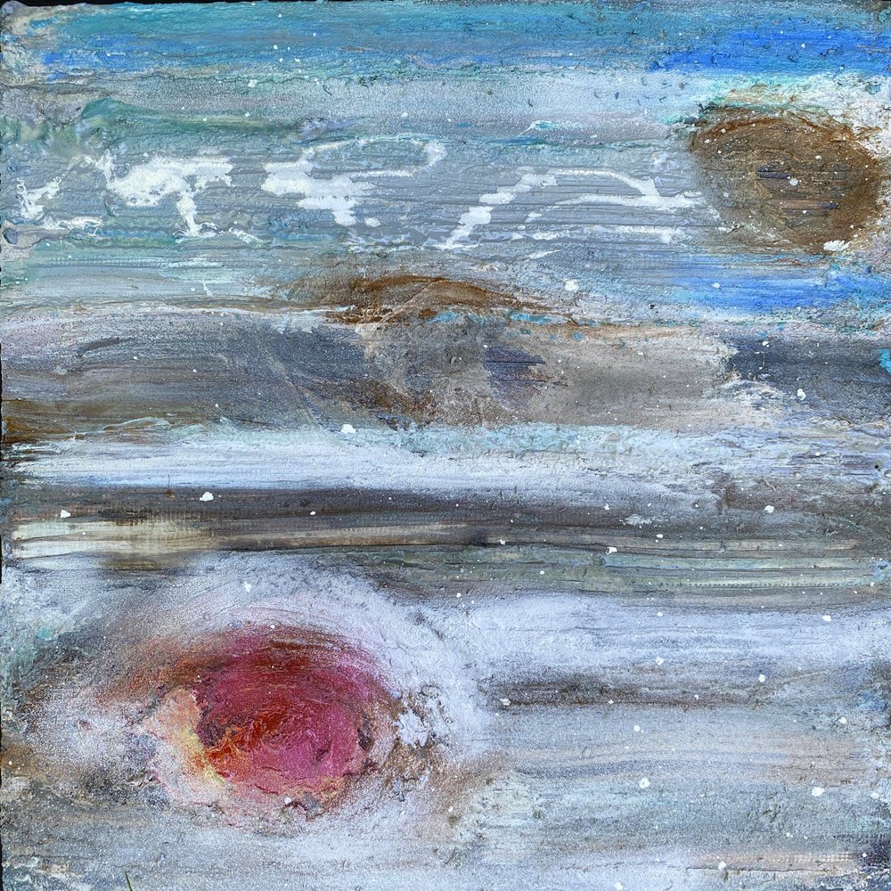 Blue-gray atmospheric bands with red and brown swirling forms