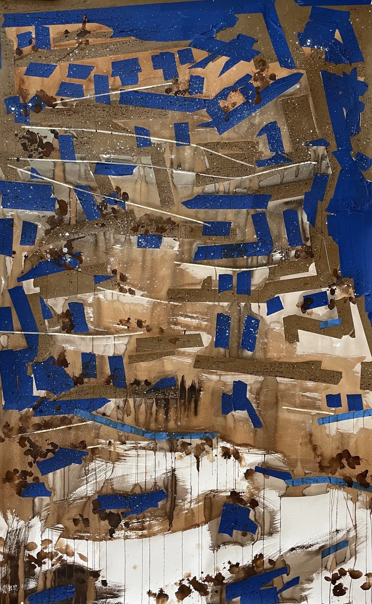 Erin McGee Ferrell’s earthquake artwork on Arches watercolor paper: blue geometric strips, brown washes, and white lines across a tall composition.