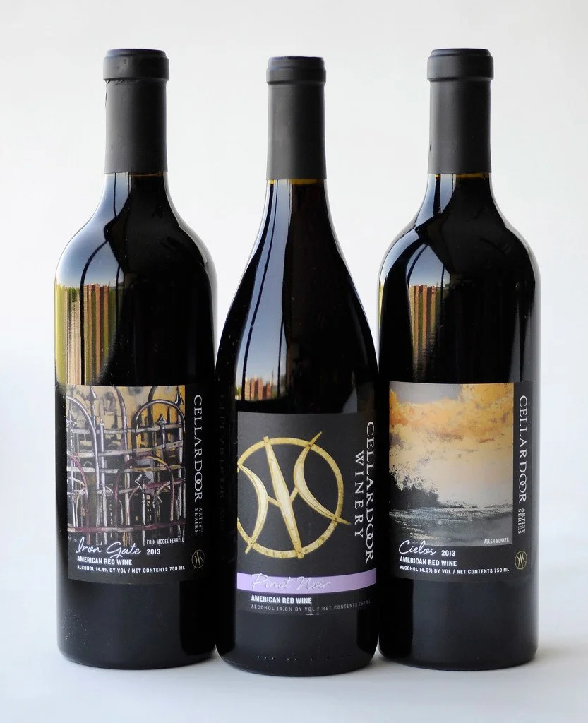 Cellardoor wine bottles with Erin McGee Ferrell’s Iron Gate label on the left