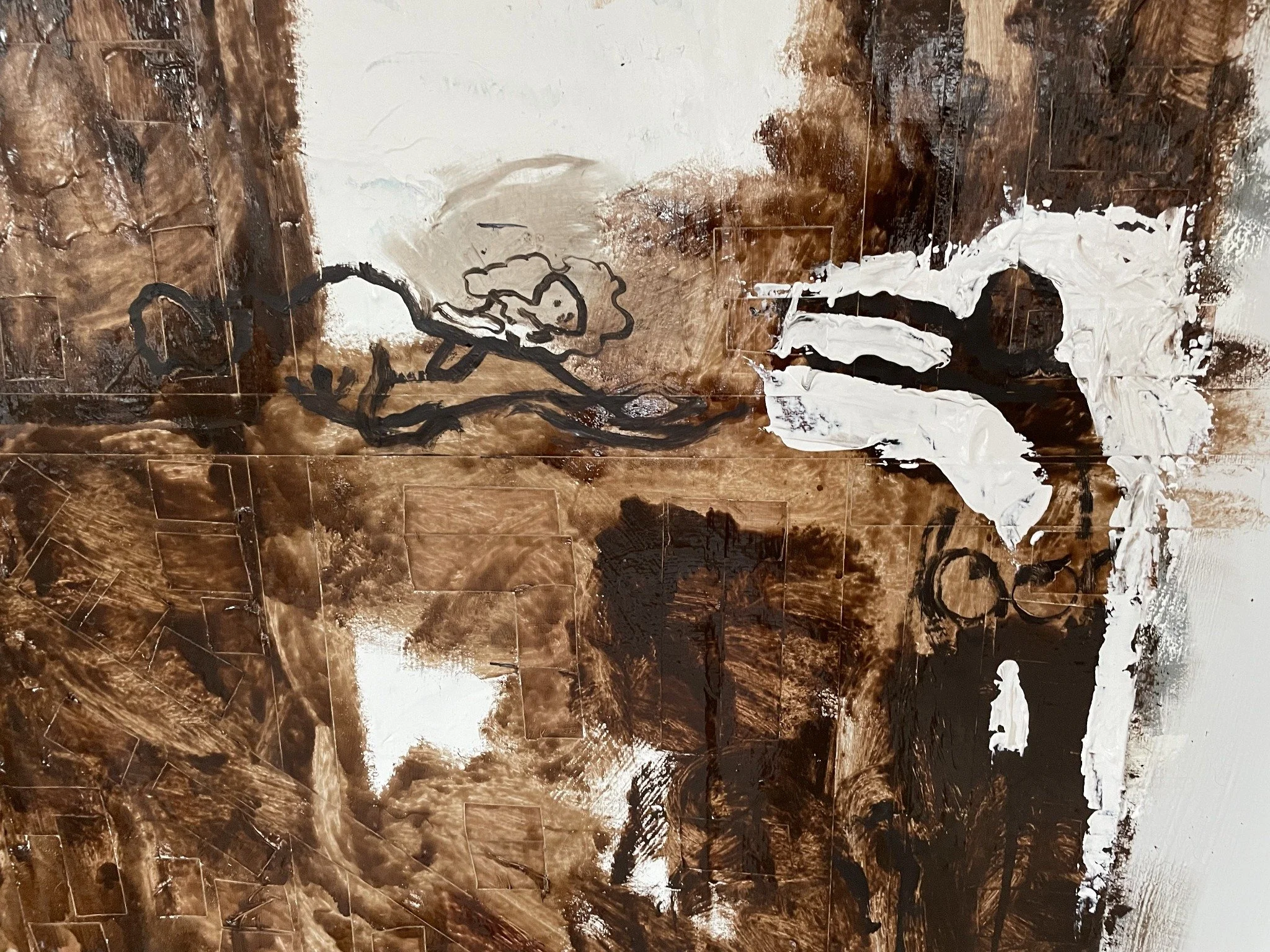 Detail of the oil painting: a small infant and reaching figures traced in dark lines across brown and white paint.