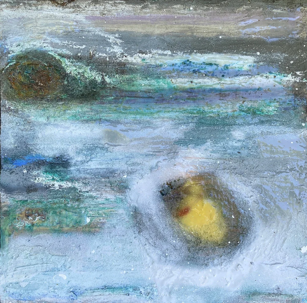 Pale blue atmospheric bands with green and yellow swirling forms