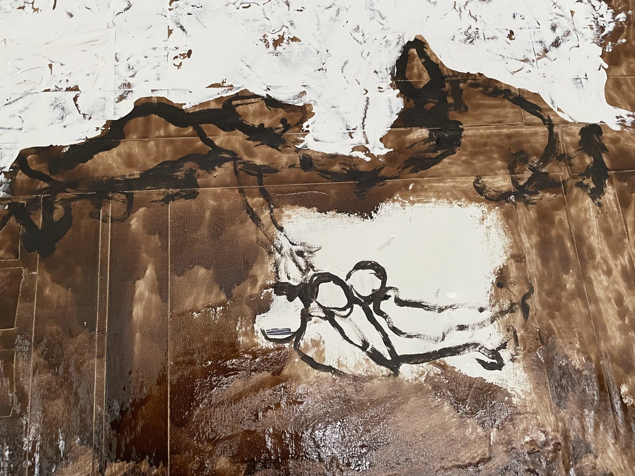 Detail of the oil painting: a group of outlined figures and reaching arms within layered brown and white paint.