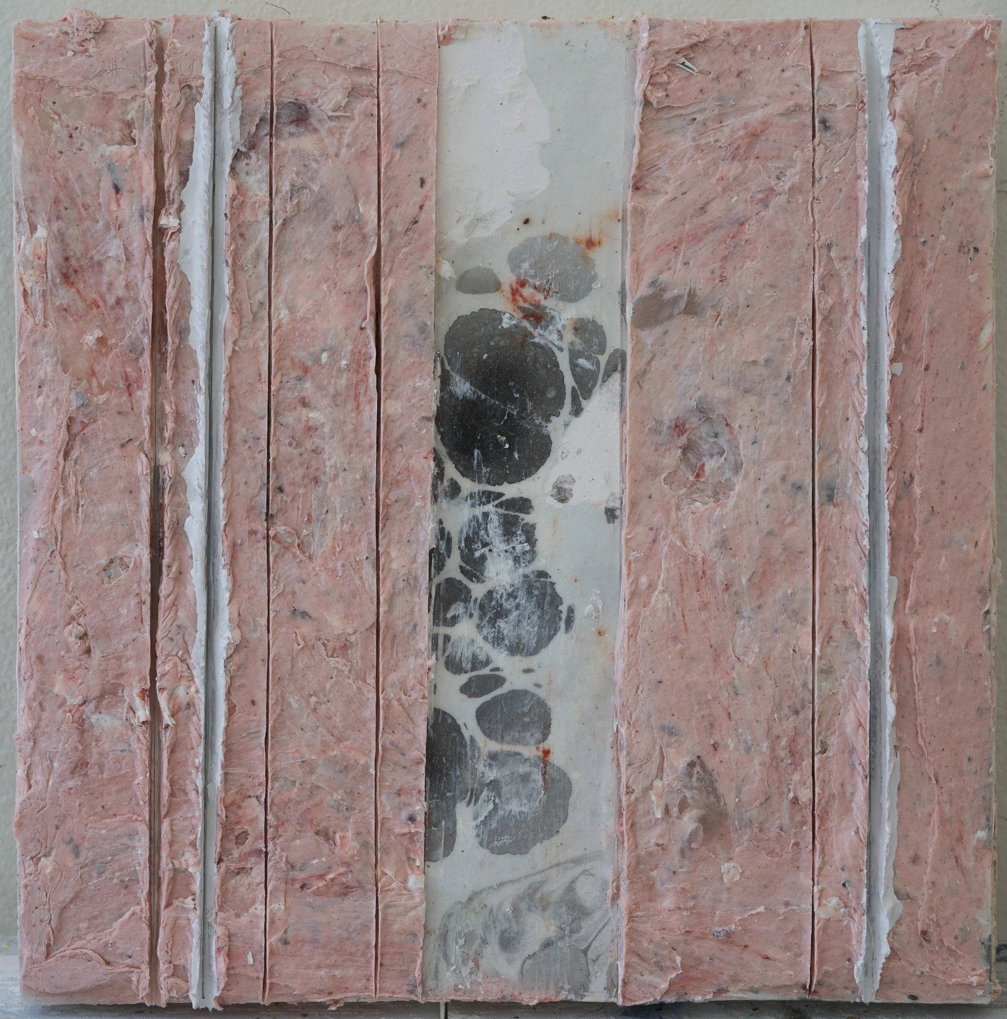 Insect Hotels by Erin McGee Ferrell. Pink vertical bands surrounding a strip of black and white marbling.