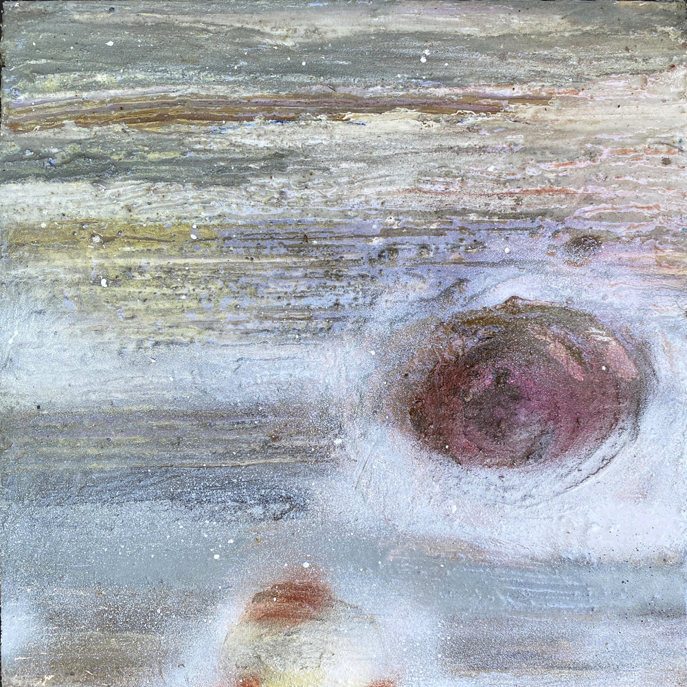 Pale blue and gray atmospheric bands with a large plum-red swirl