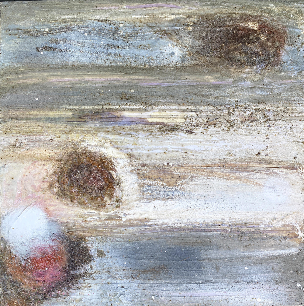 White, gold, and gray atmospheric bands with brown and red vortices