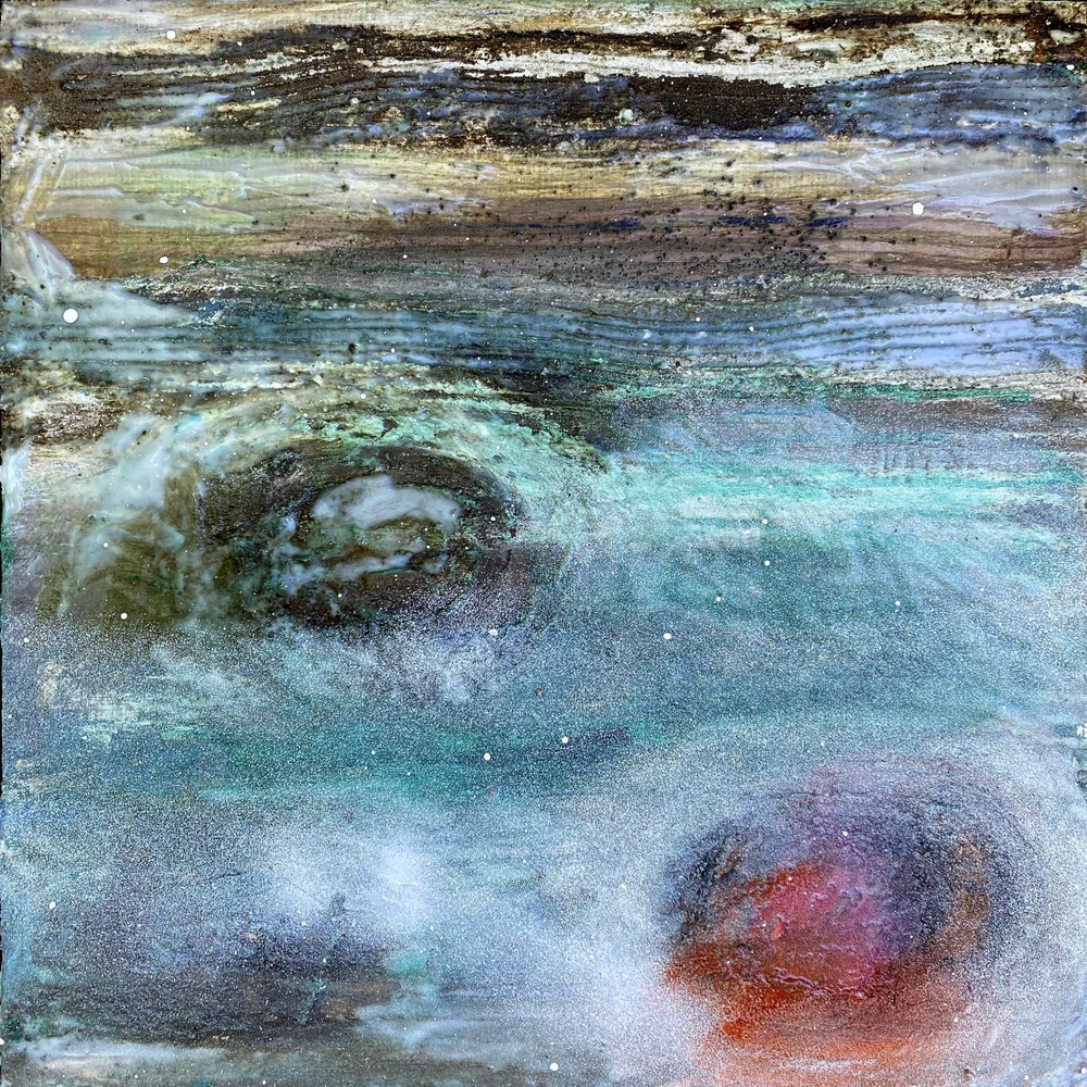 Blue and turquoise atmospheric bands with dark and red swirling forms