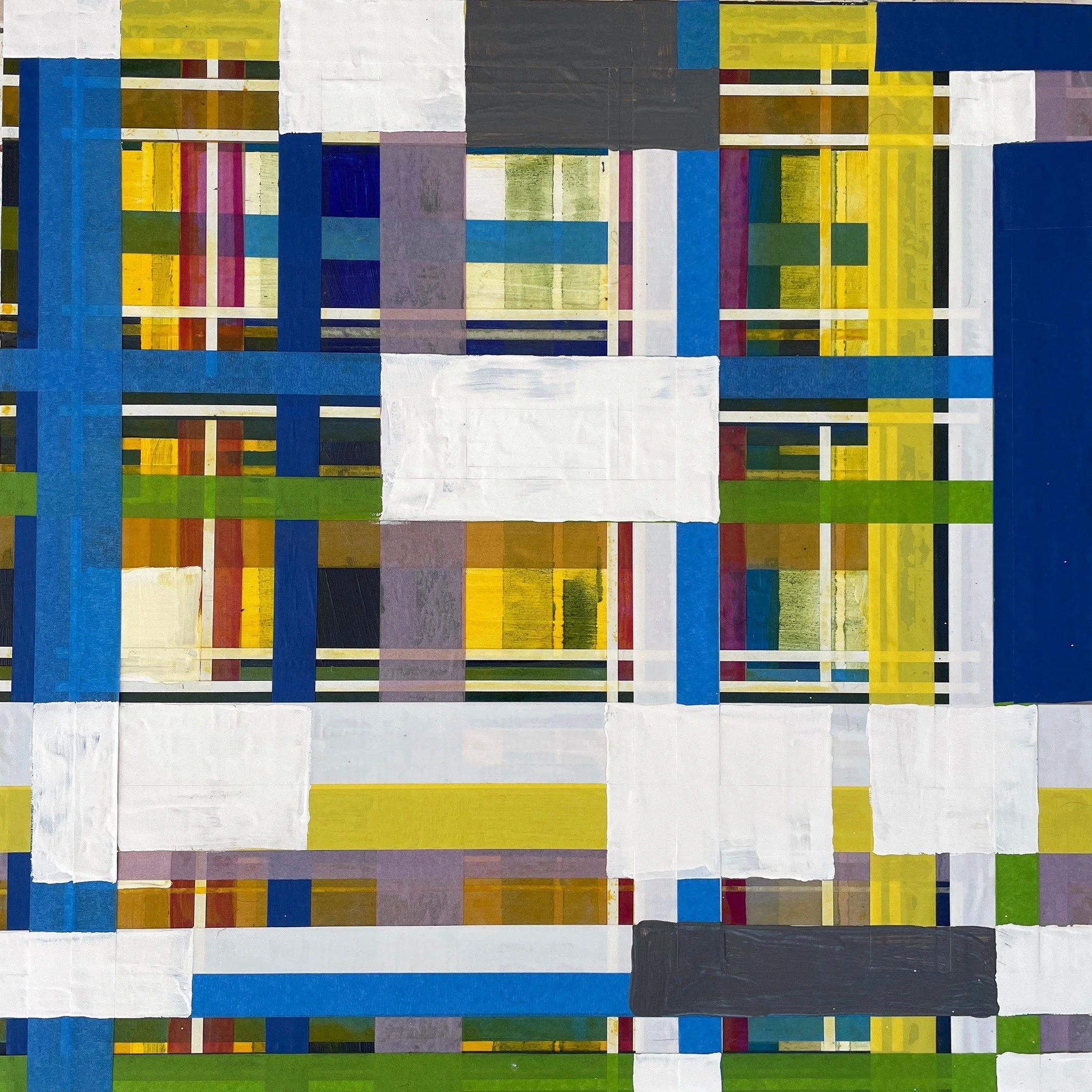 Geometric painting with green, blue, yellow, white, and gray bands, from Erin McGee Ferrell’s thermochromic color exploration.