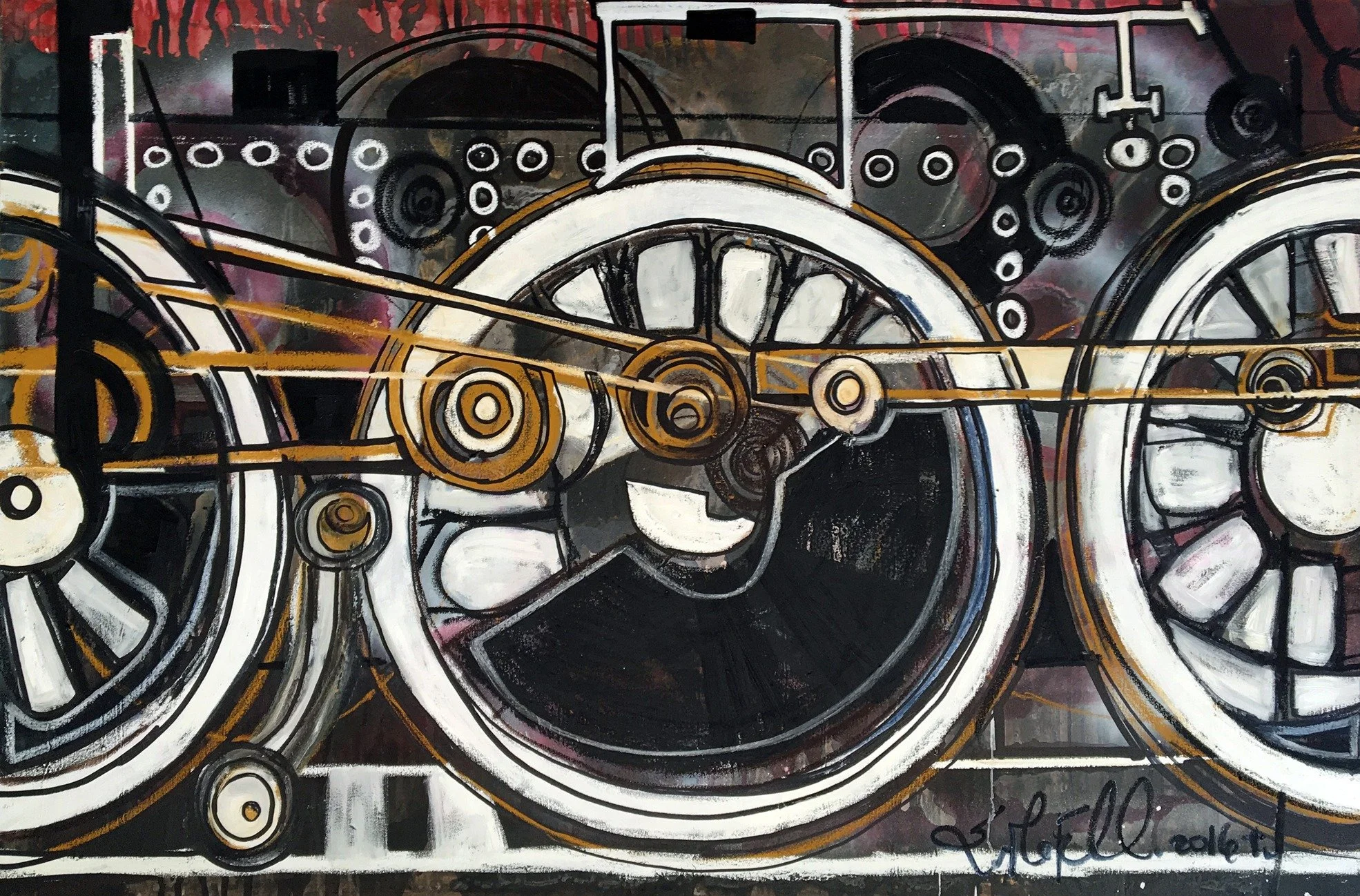 Erin McGee Ferrell, locomotive wheels painting commissioned by Cellardoor Winery, 2016