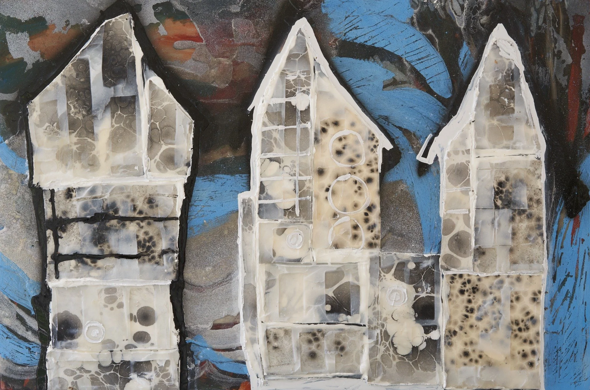 Insect Hotels by Erin McGee Ferrell. Three white house forms against blue and dark painted passages.