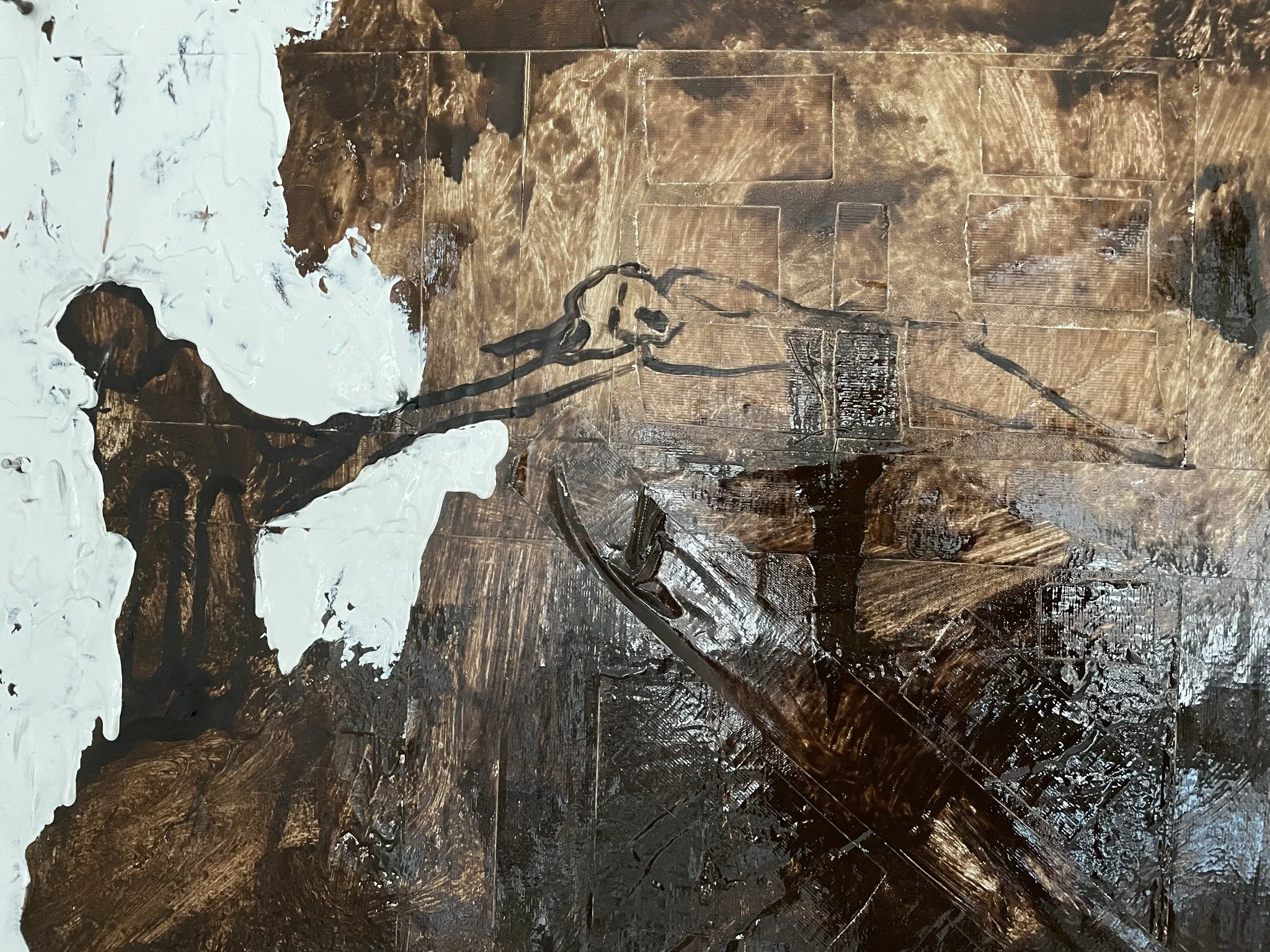 Detail of the oil painting: a figure reaching to hold another person’s hand amid brown and white painted forms.