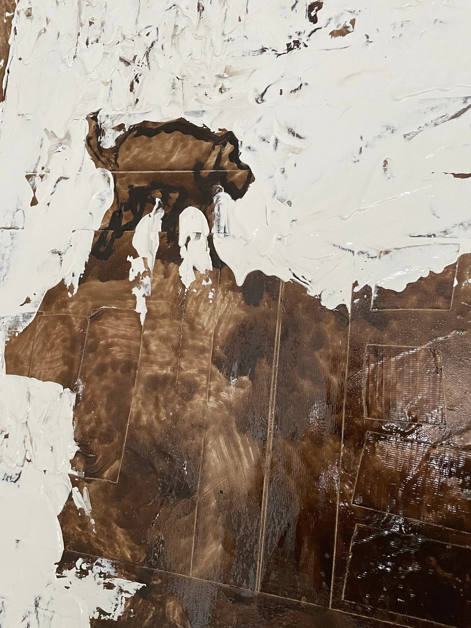 Detail of the oil painting: an outlined rescue dog in a brown opening within thick white paint.