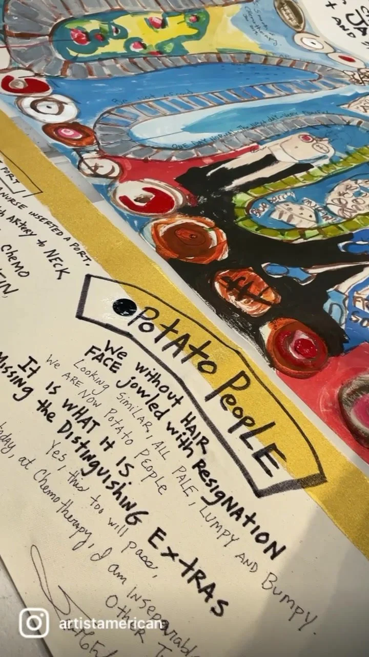 Close view of handwritten poetry beside the blue tracks and figures in Cancer Rollercoaster.