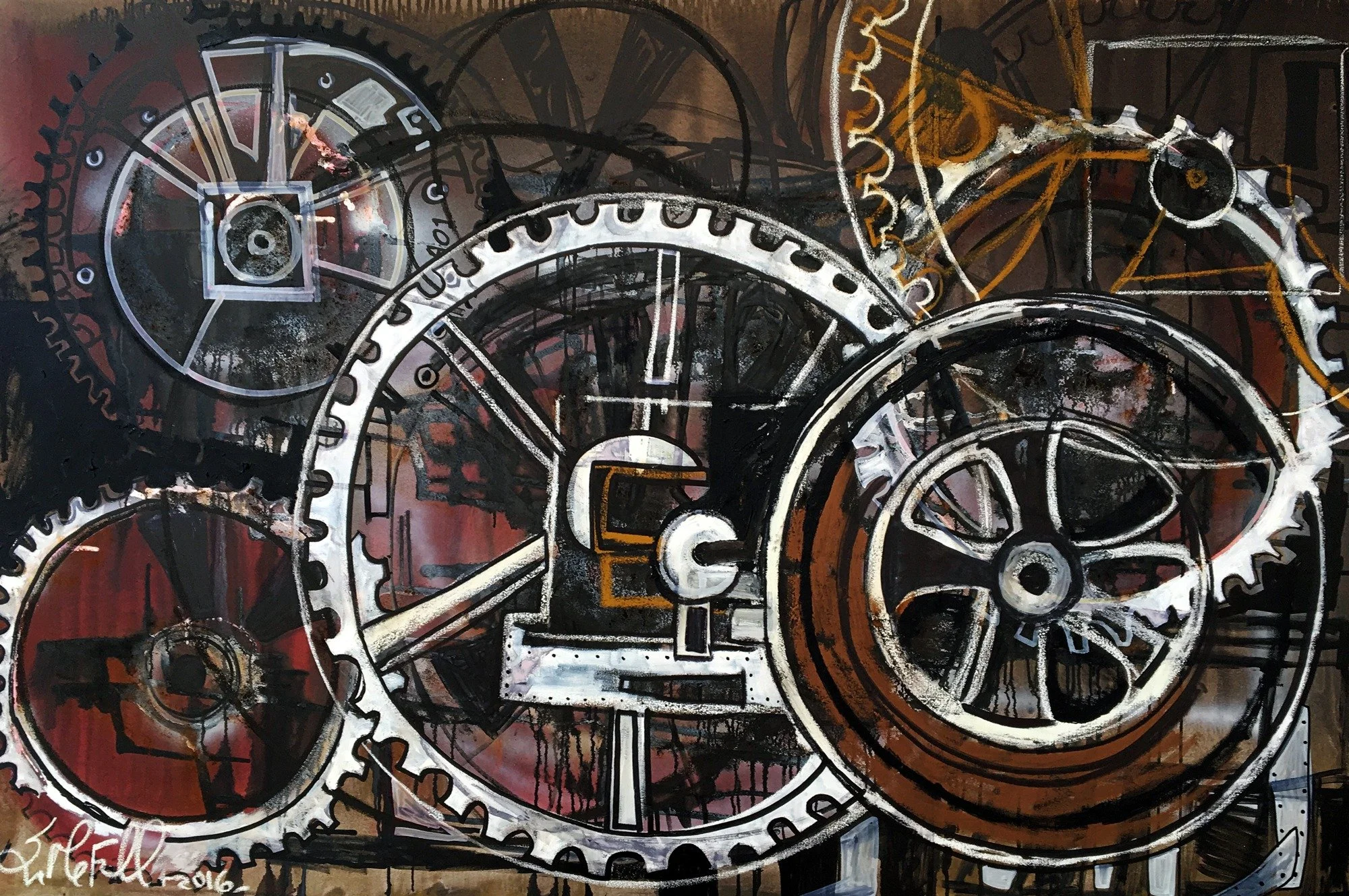 Erin McGee Ferrell, industrial gears painting commissioned by Cellardoor Winery, 2016