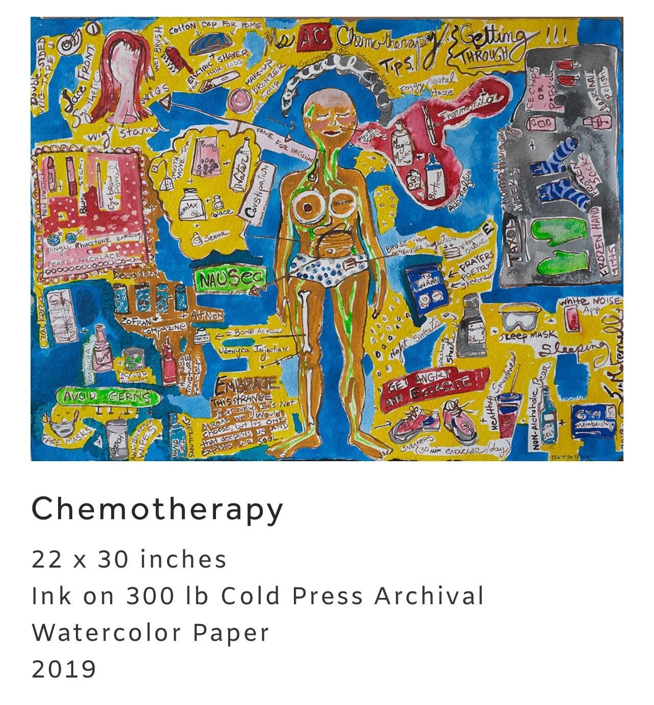 Chemotherapy, 2019: painted figure surrounded by treatment-related objects and handwritten annotations, with an artwork label below.