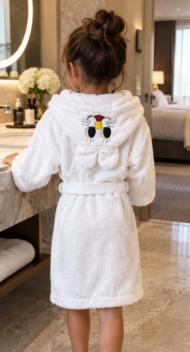Back of the Little Luxe robe showing the embroidered character and soft ears on the hood