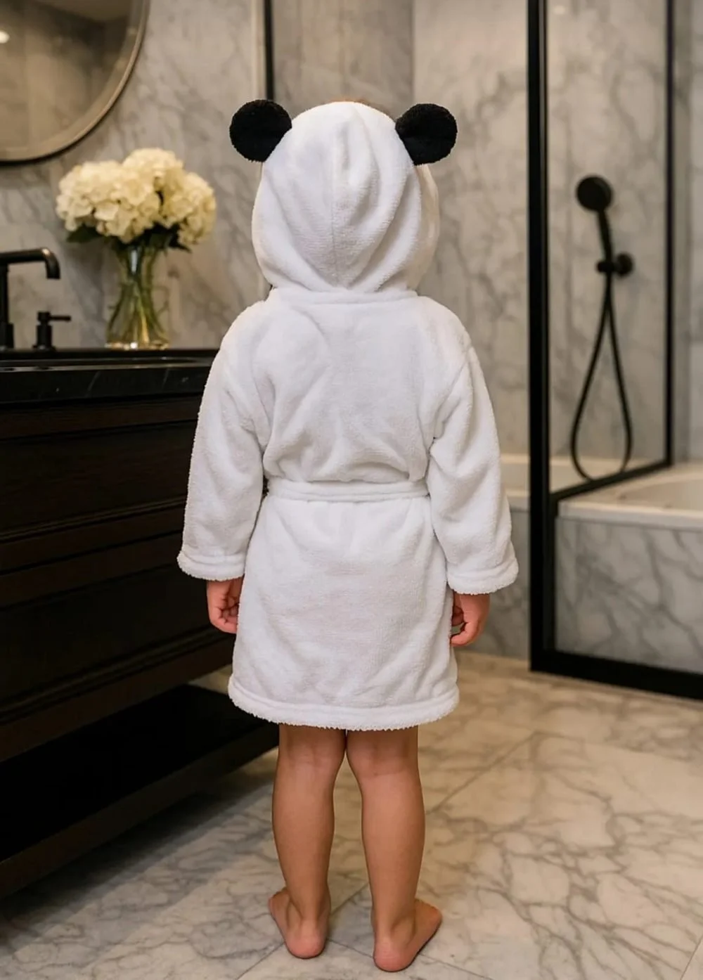 Back of the Panda Hooded Bathrobe showing the round black ears on the hood
