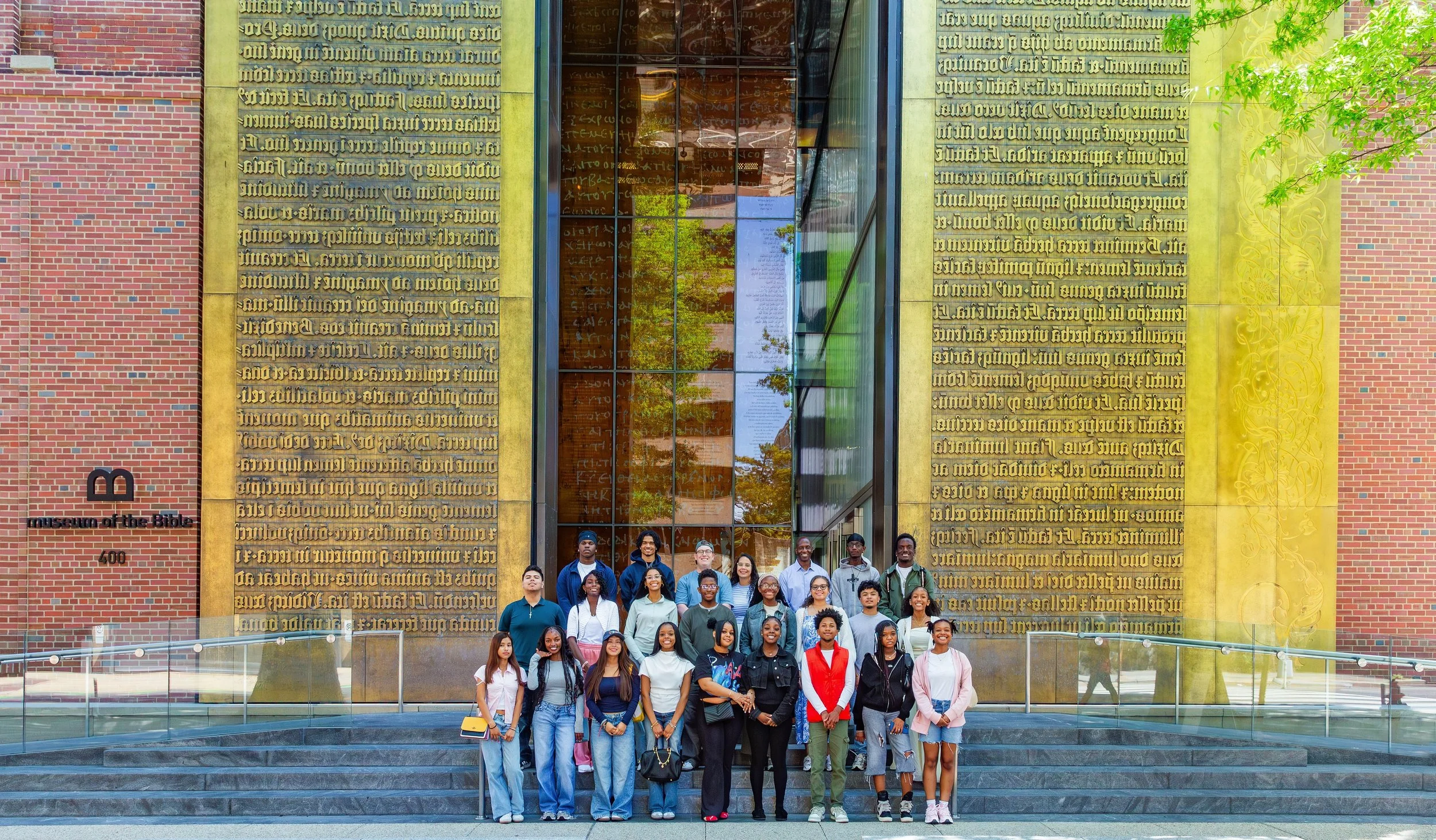 Group photo at the Gutenberg Gates, Museum of the Bible