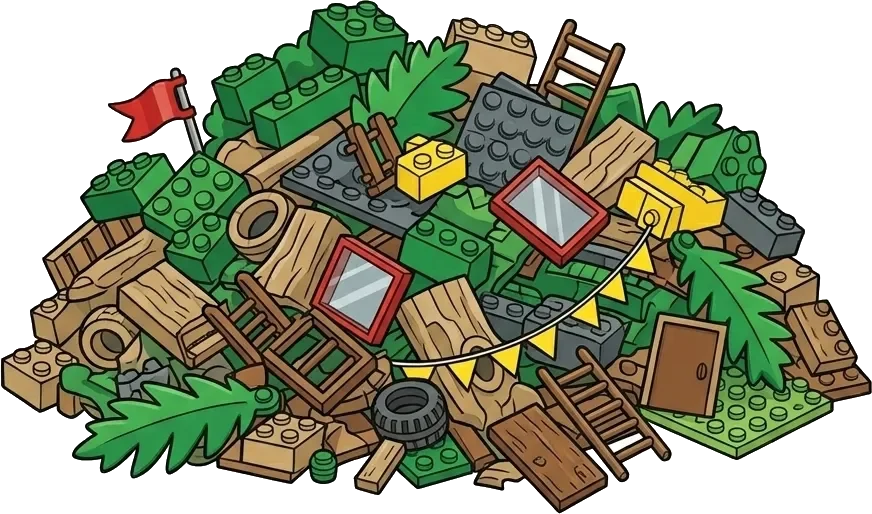 A chaotic pile of LEGO bricks — treehouse pieces scattered everywhere