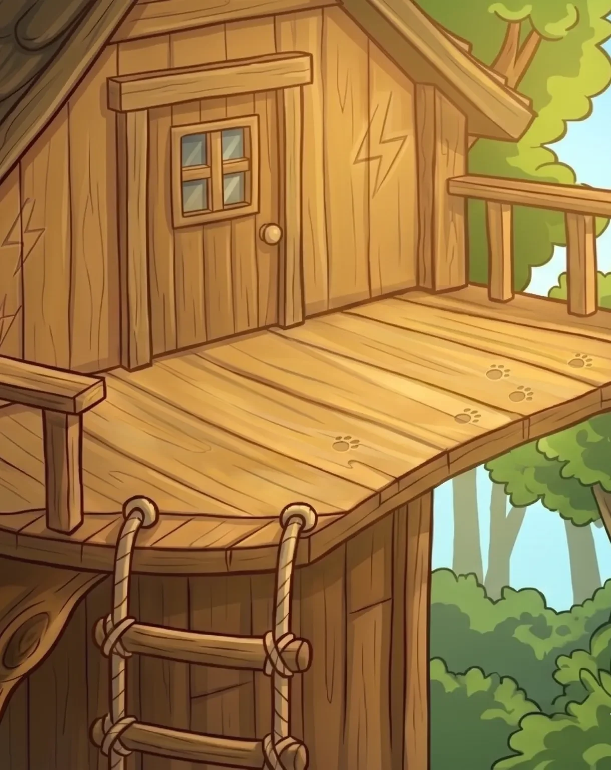 Treehouse deck and rope ladder leading up to the door