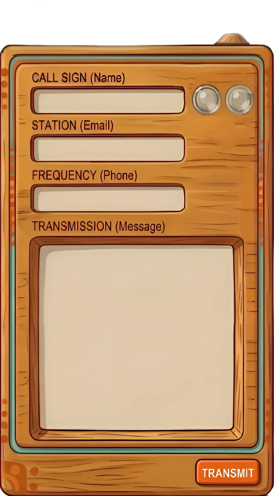 Wooden walkie-talkie style contact form — fill in the fields and hit Transmit